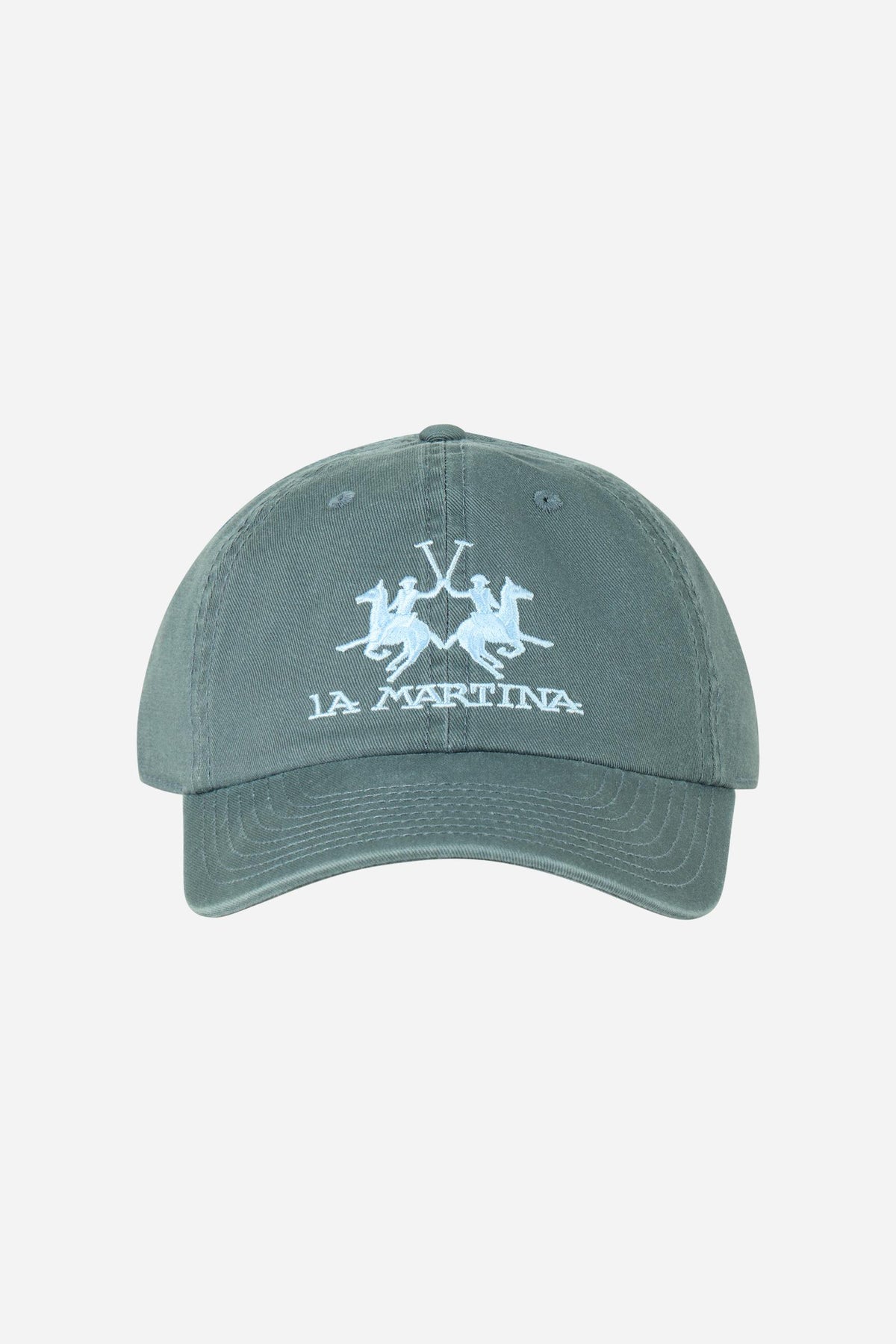 Men's cotton twill baseball cap with vintage pigment wash, oversized embroidered logo, curved visor, eyelets, and adjustable metal buckle for a custom fit. - Flint Stone