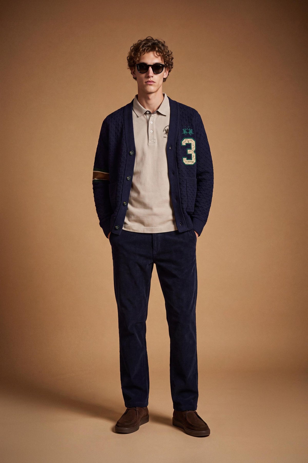 Men's long-sleeve cardigan in 50% lambswool blend with 3D knit, large buttons, patch pockets, bold "3" applique, brand embroidery, and relaxed oversized fit. - Navy