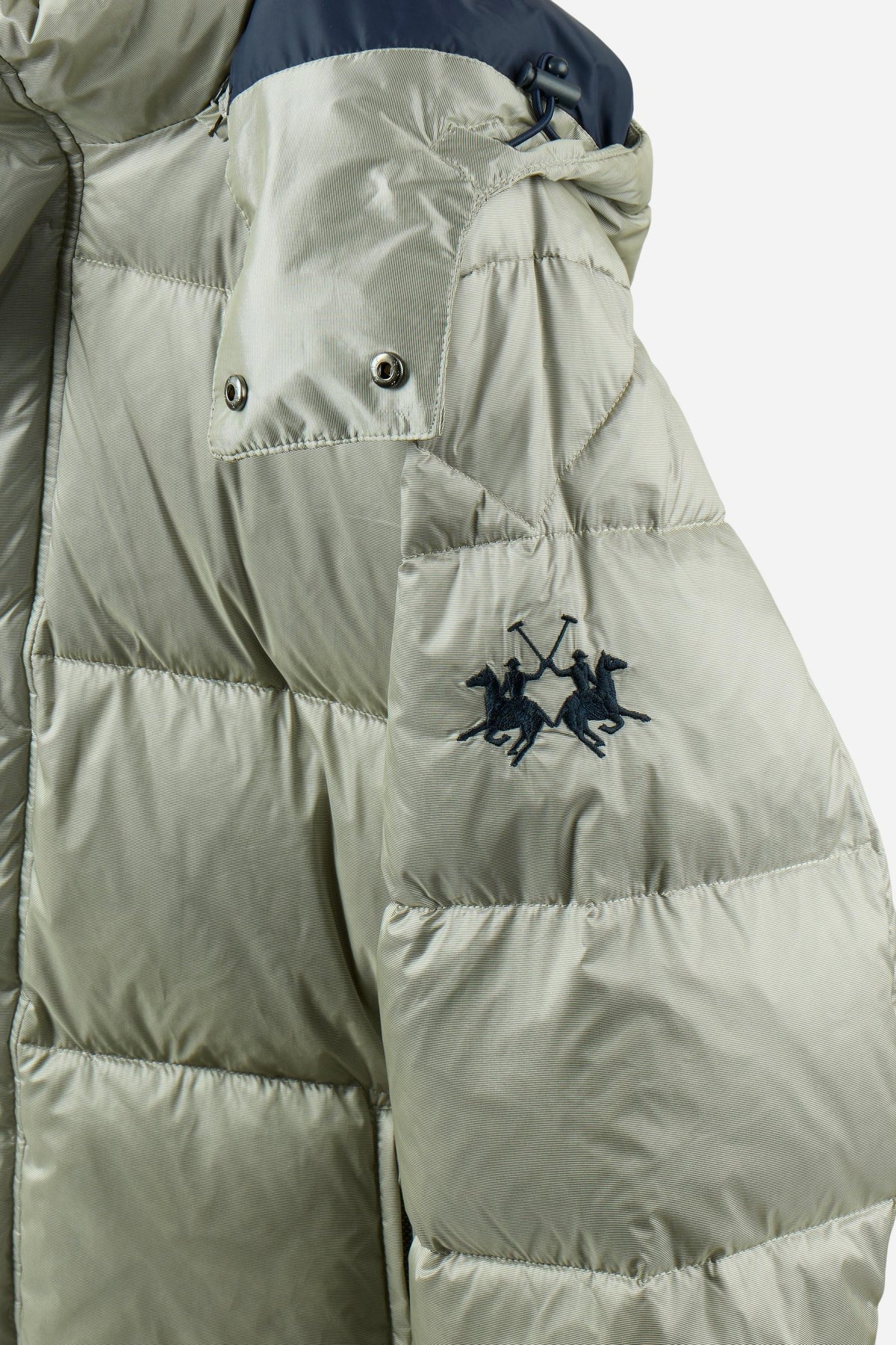 Men's padded feather bomber jacket with detachable hood, iridescent nylon, double zipper, snap buttons, adjustable drawstring, zippered pockets, and embroidered logo. - Pristine
