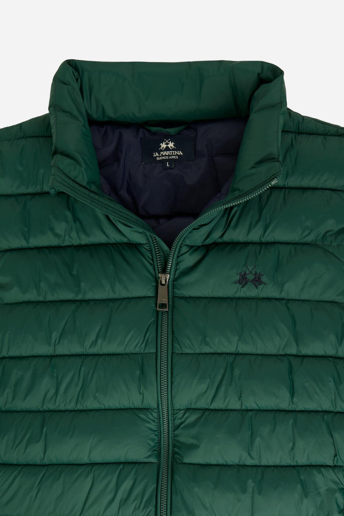 Men's sleeveless down jacket in lightweight nylon with wadding padding for warmth, zippered pockets, high collar, and contrasting interior and logo details. - Pine Grove
