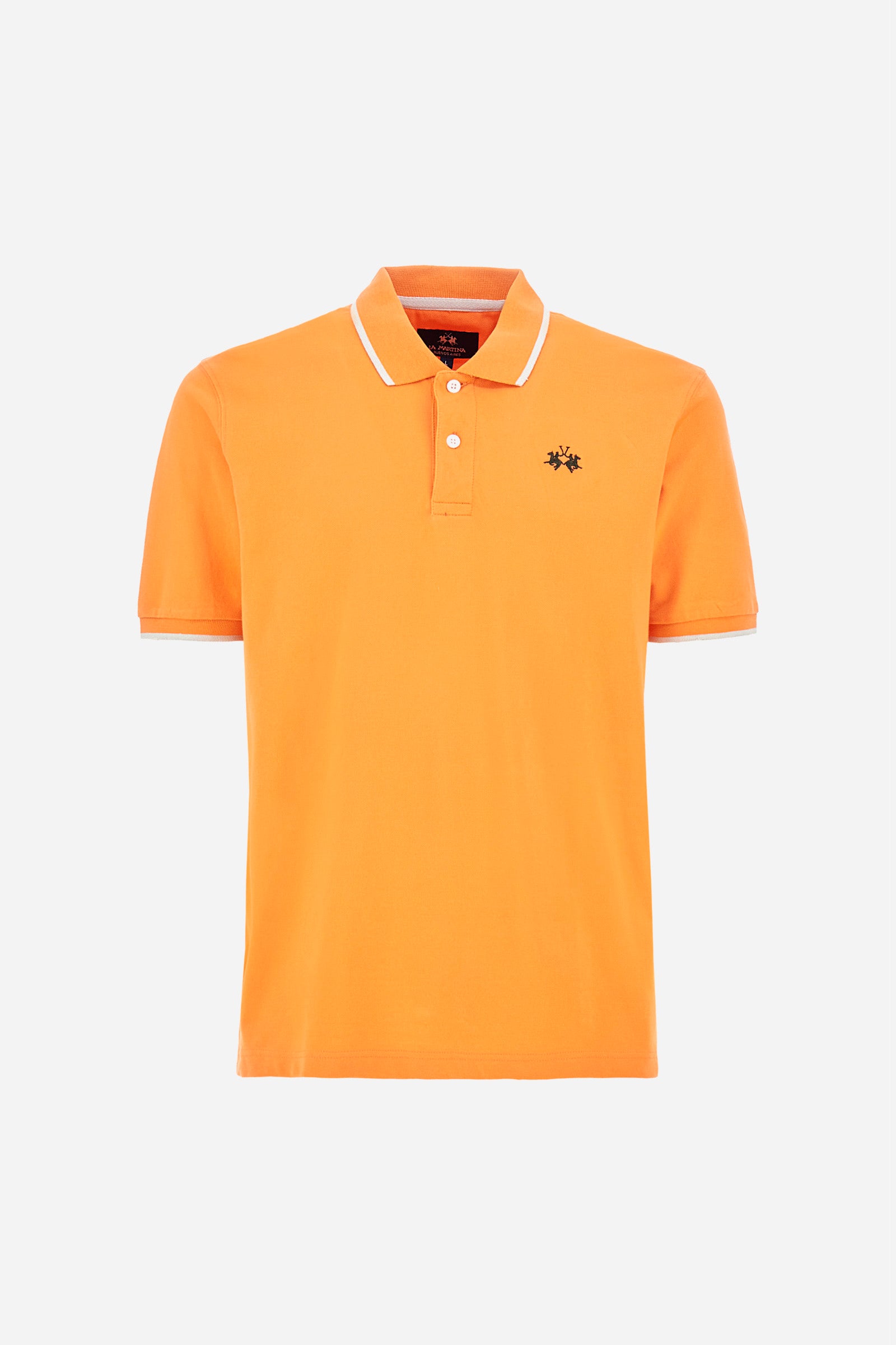 Men’s polo with short sleeves in stretch pique cotton. A classic La Martina, with a simple and linear style. The regular fit fits easily to any type of silhouette. A small La Martina logo is embroidered on the chest, in contrasting shades like the sleeve edge. The model is 187 cm tall and wears a size L. - Celosia Orange