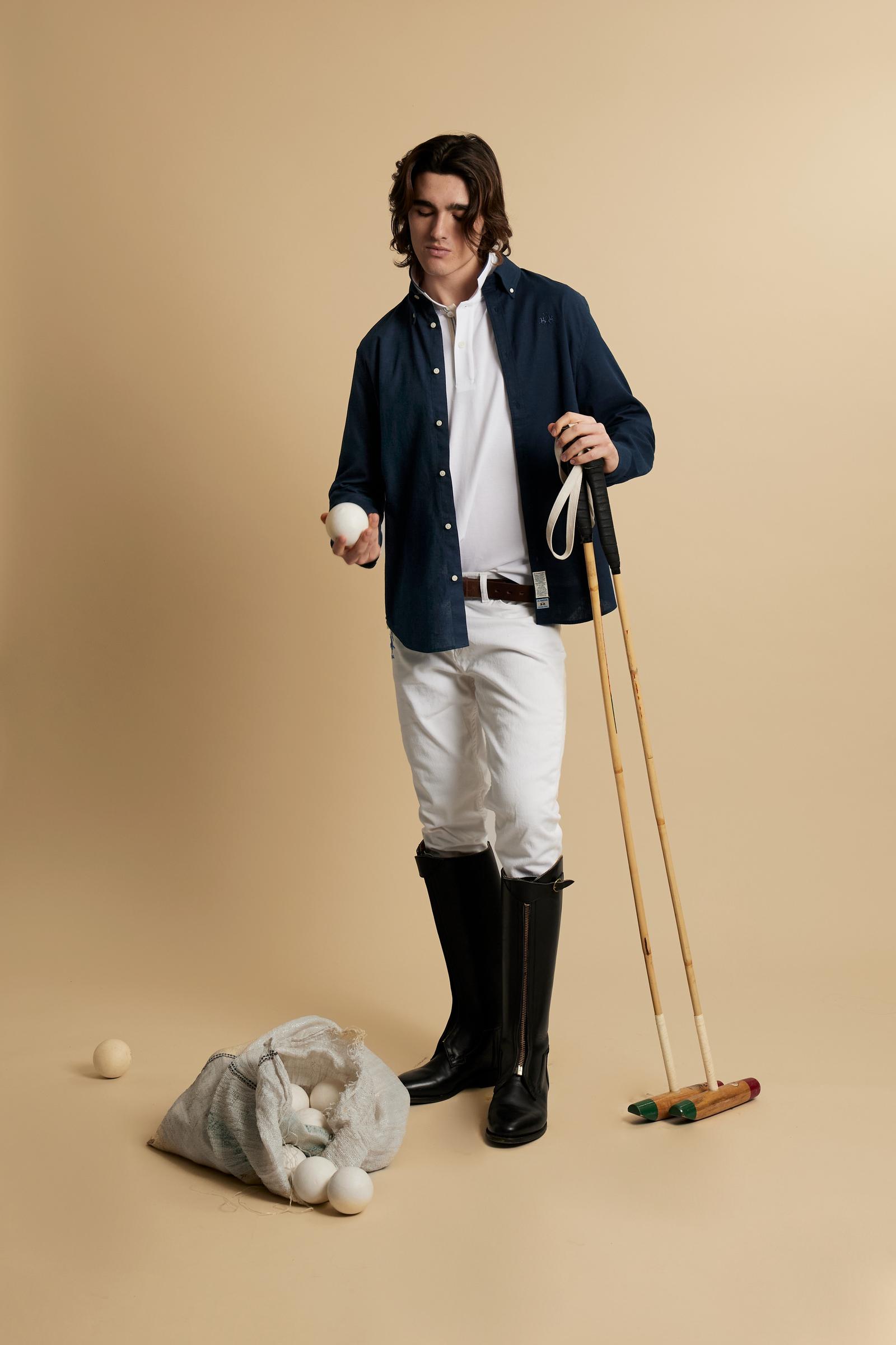 Men’s regular fit cotton and linen shirt with small logo - Rodolfo