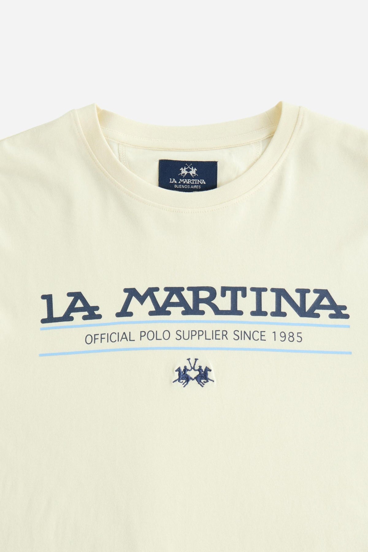 Men’s long-sleeve T-shirt in soft 100% cotton jersey with ribbed crew neck, regular fit, straight silhouette, and bold La Martina heritage print on the chest. - Pristine