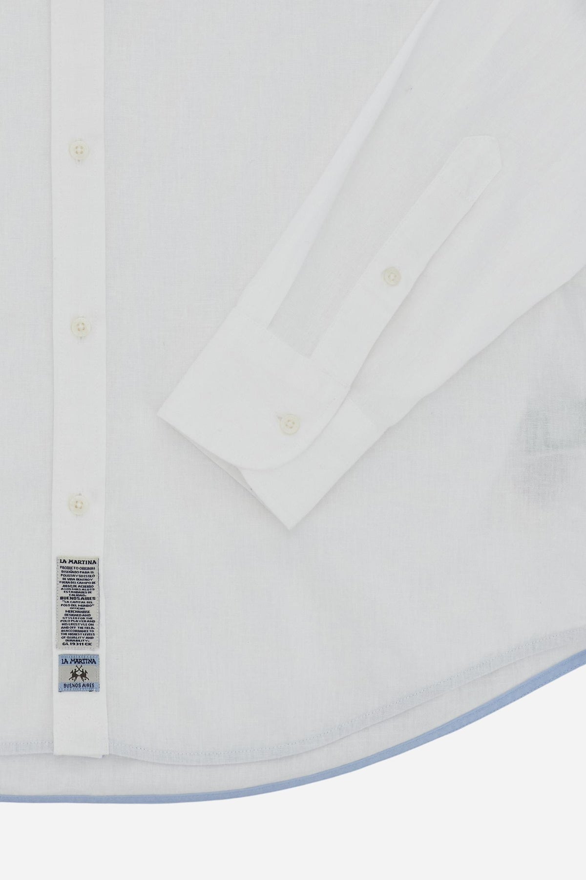 Men’s long-sleeve cotton and linen shirt. Regular fit with strong graphic identity, featuring prints and embroidery inspired by the Polo Team Argentina. - Optic White