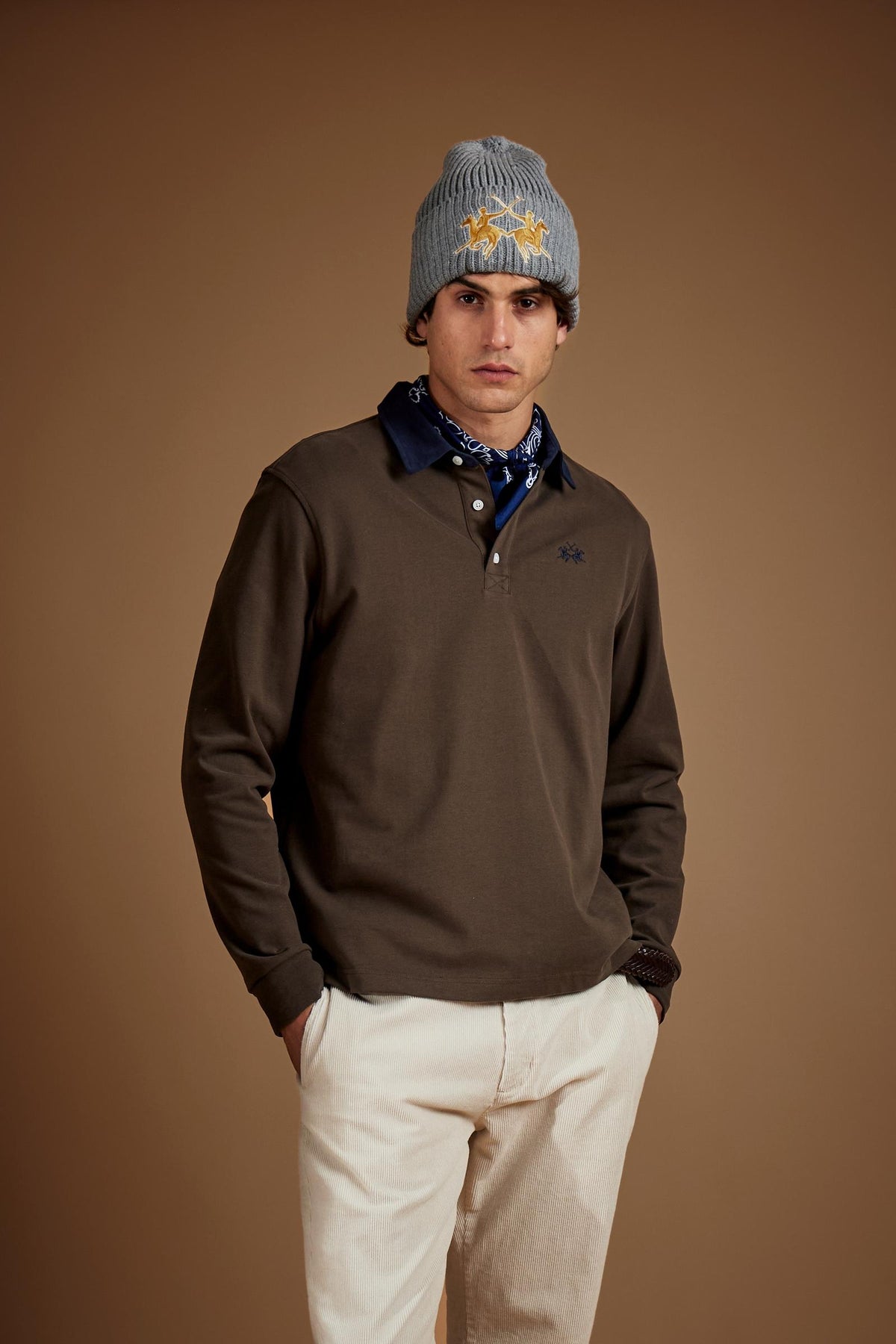 Polo uomo manica lunga in jersey cotone pesante collo a contrasto - Duke