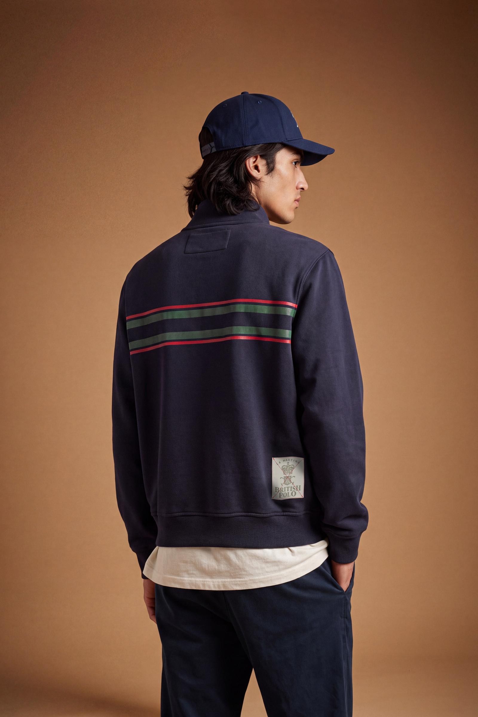 Men's long-sleeve sweatshirt in soft cotton with high double-layer collar, front zipper, ribbed cuffs, kangaroo pockets, and striking red, black, white stripes. - Navy Blazer