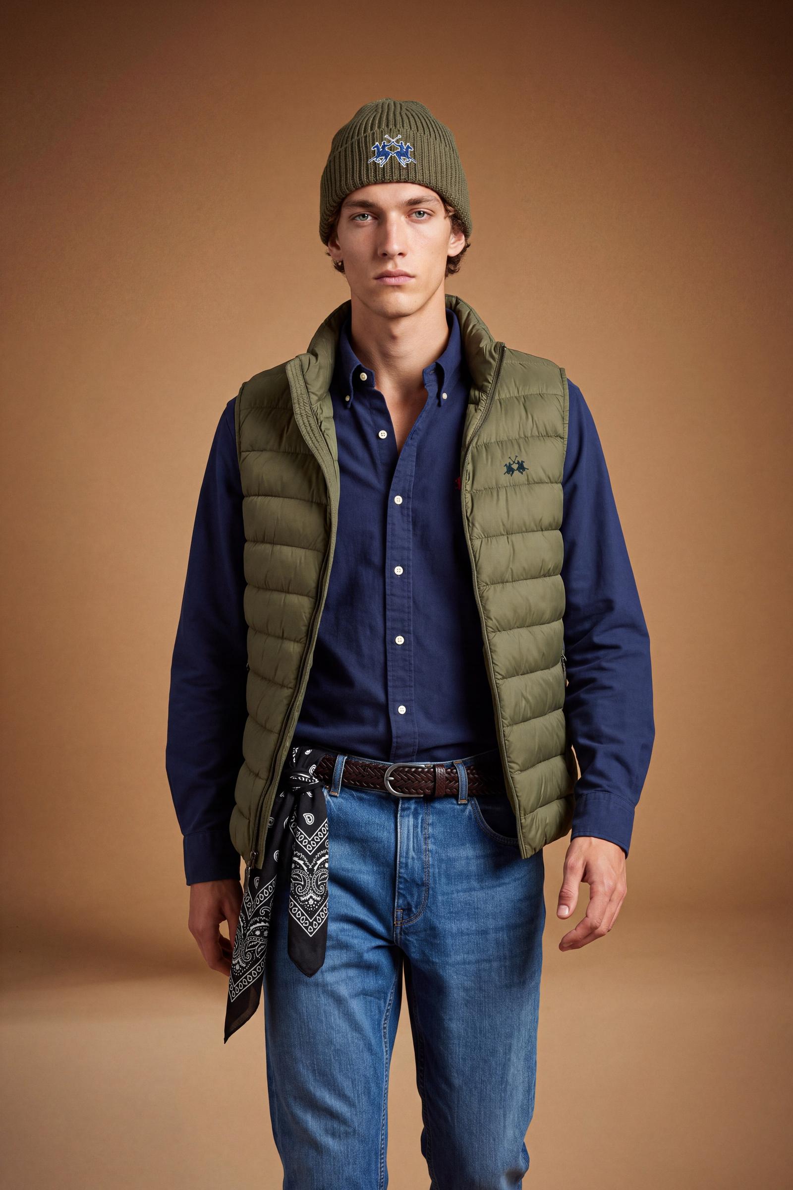 Men's sleeveless down jacket in lightweight nylon with wadding padding for warmth, zippered pockets, high collar, and contrasting interior and logo details. - Burnt Olive