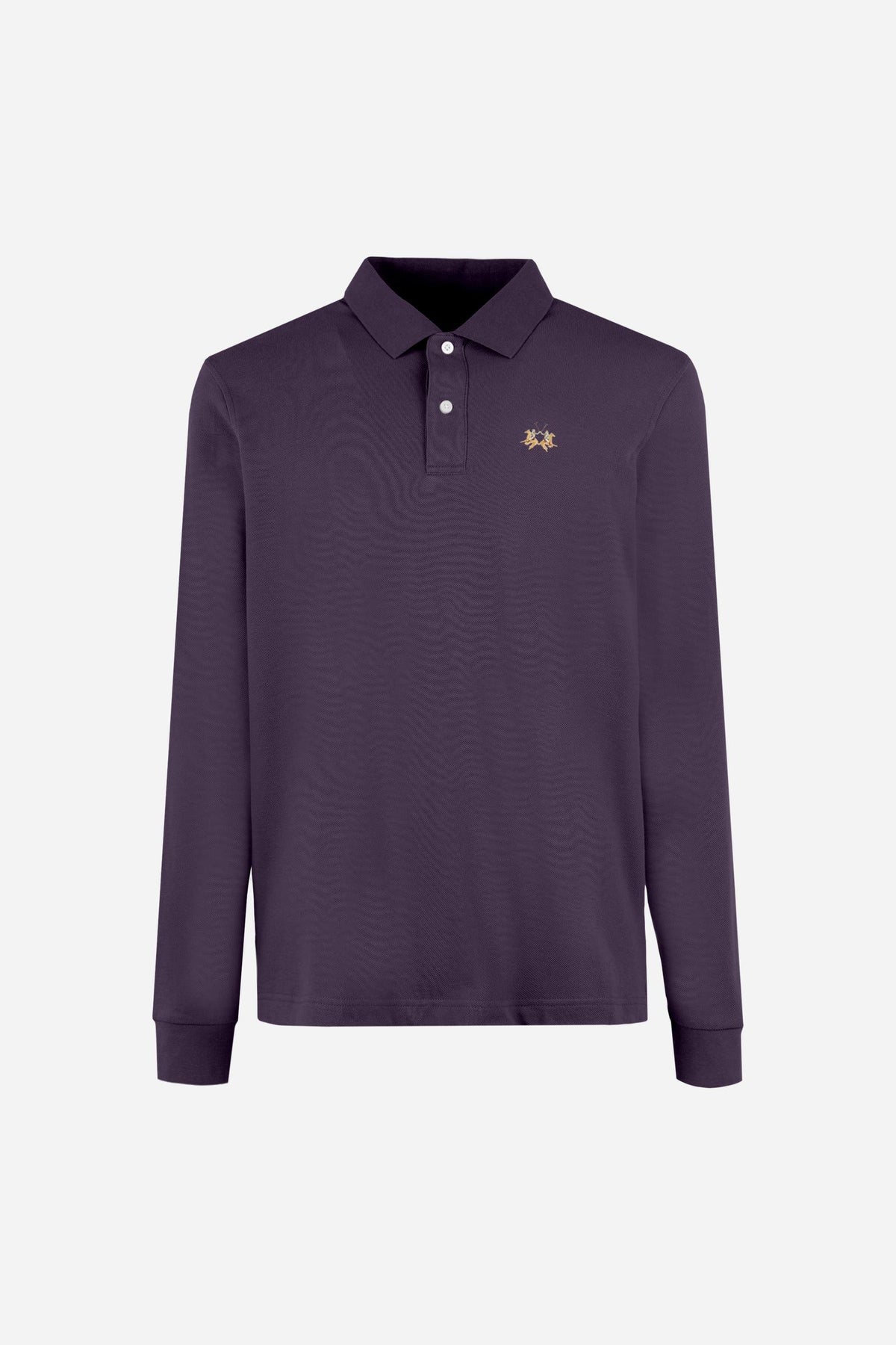 Men’s long-sleeve polo in stretch cotton piqué offers comfort, flexibility, a ribbed collar with contrasting gabardine detail, slim fit, and embroidered logo - Astral Aura