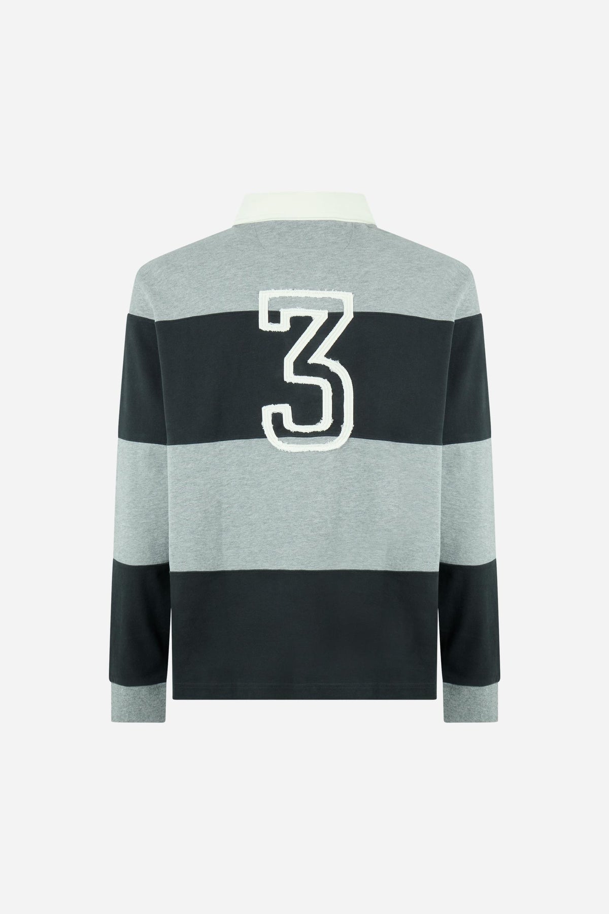 Men's long-sleeve polo made from heavy 100% cotton with a modern fit, dropped shoulders, wide rugby stripes, contrasting gabardine collar, and bold logo details. - M.H.Grey/Navy Blazer