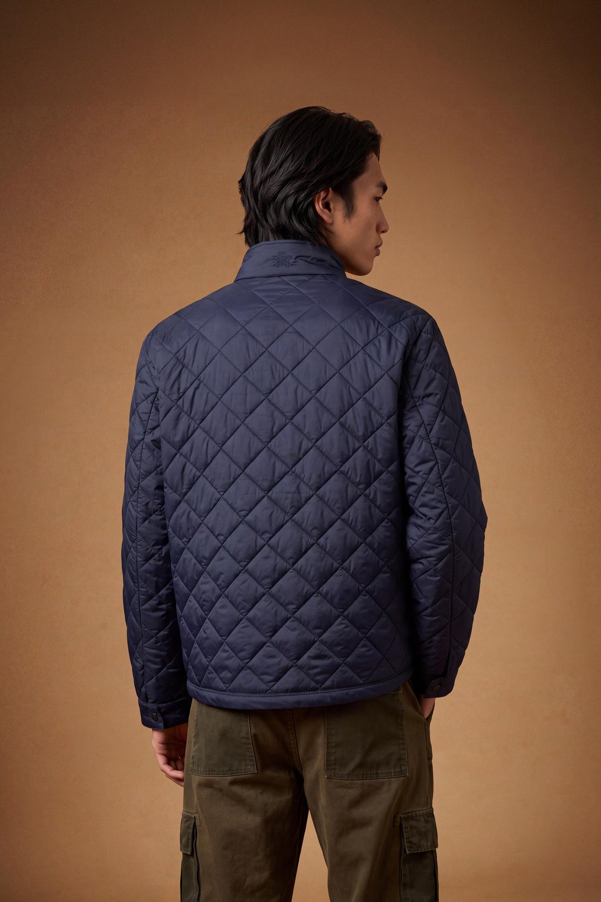 Men's quilted nylon jacket with polyamide lining and polyester padding for lightweight warmth, high collar, zip and snap closure, patch pockets, and a clean, regular fit. - Navy Blazer