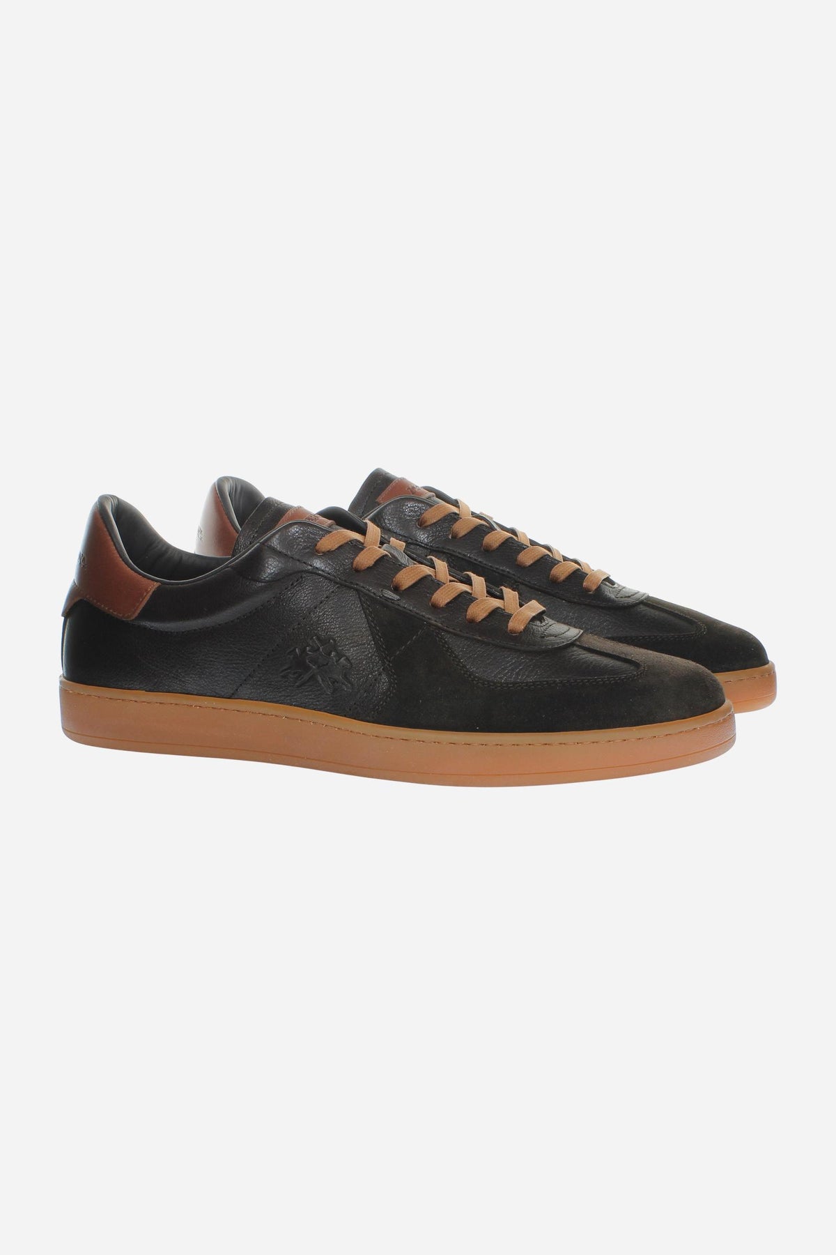 Men's deconstructed sneaker in vegetable-tanned calf leather and suede, with tone-on-tone stitching, honey rubber sole, Strobel construction, and Italian craftsmanship. - Black/Black