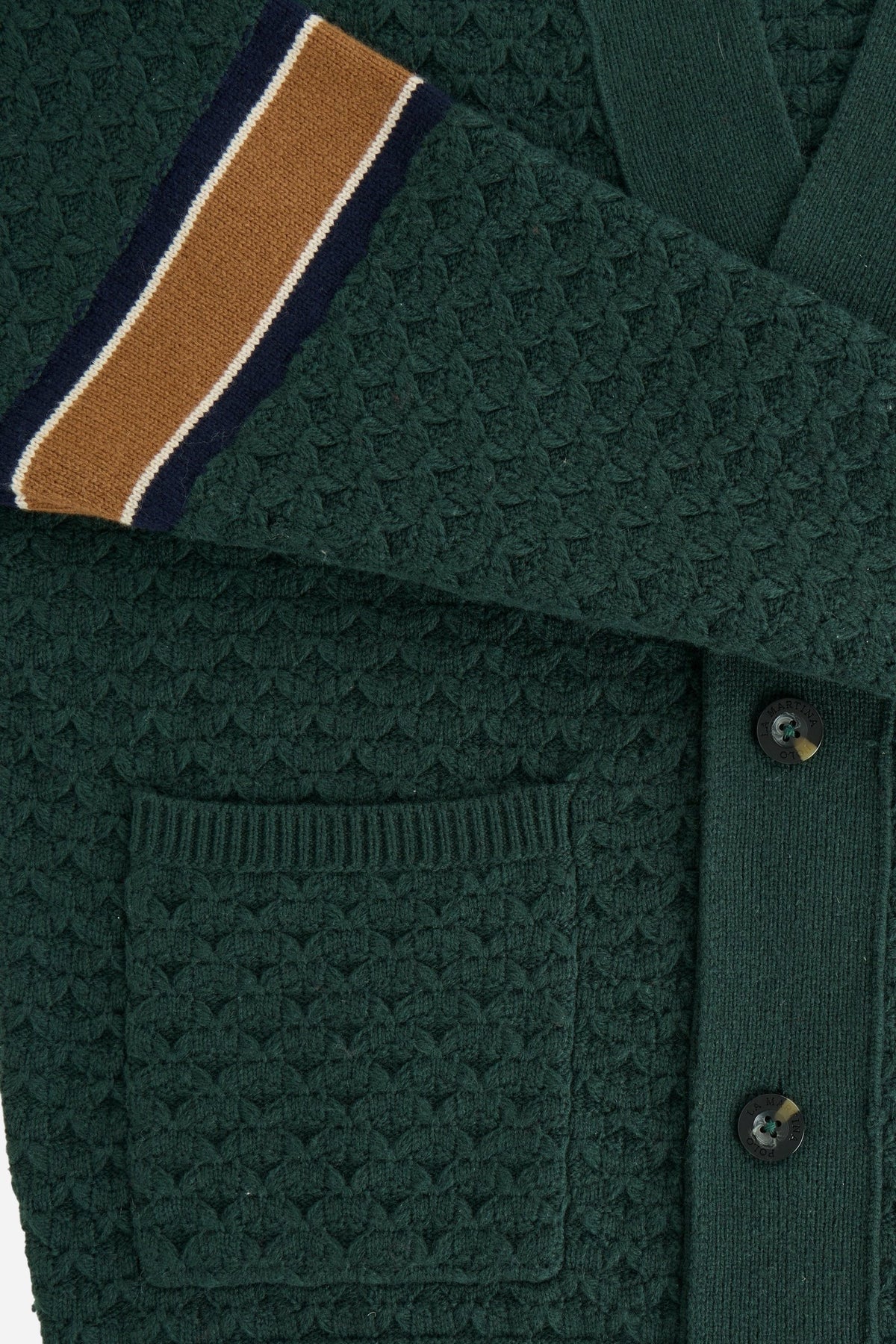 Men's long-sleeve cardigan in 50% lambswool blend with 3D knit, large buttons, patch pockets, bold "3" applique, brand embroidery, and relaxed oversized fit. - Scarab