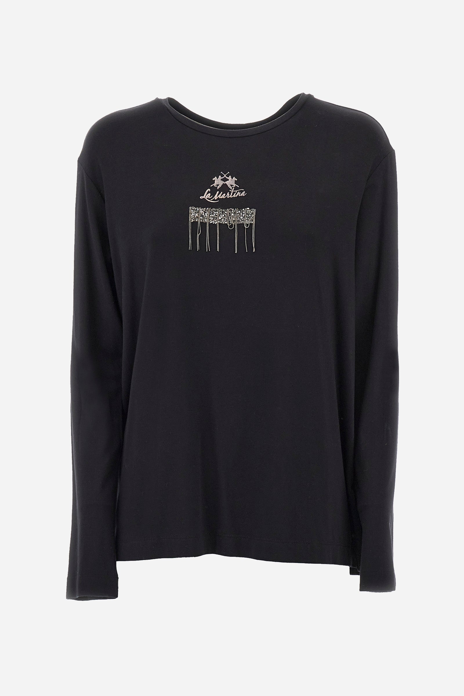 This long-sleeved women's T-shirt is made of stretch viscose for optimal comfort. The regular fit is perfect for any occasion. It features a basic solid colour suitable for any outfit. The crew-neck is enriched with a logo and a jewel detail for a touch of elegance. A versatile and quality garment for every woman's wardrobe. The model is 174 cm tall and wears a size 2. - Black