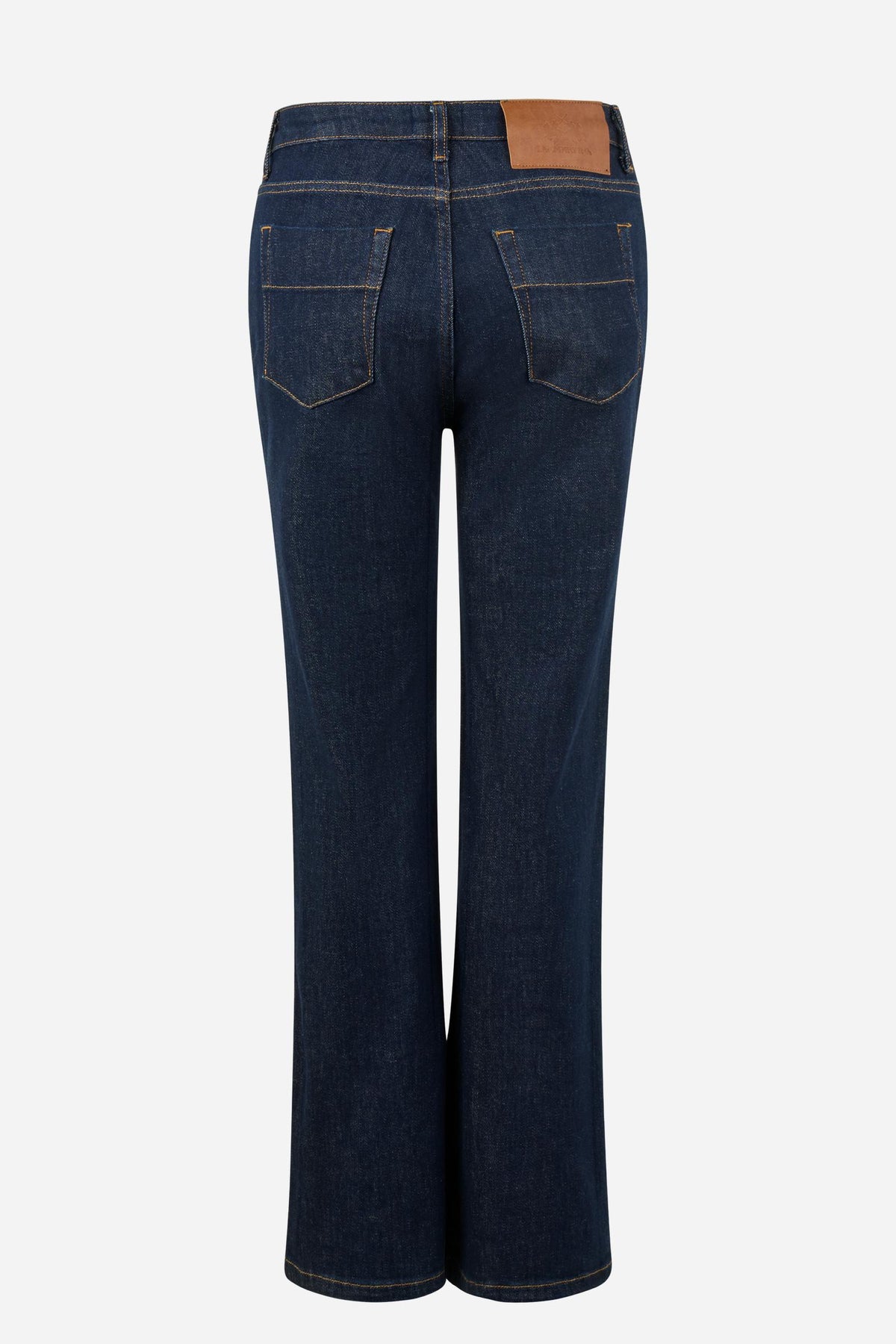 Women’s five-pocket denim trousers. Regular-fit style with straight leg, medium blue wash with stone-wash treatment and personalised leather patch. - EXTRA DARK DENIM
