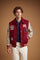 Men's long-sleeve varsity jacket with wool felt body, contrasting faux leather sleeves, ribbed trims, padded lining, chenille patches, and embroidered logo for classic style. - Red Dahlia/Sheer Bli