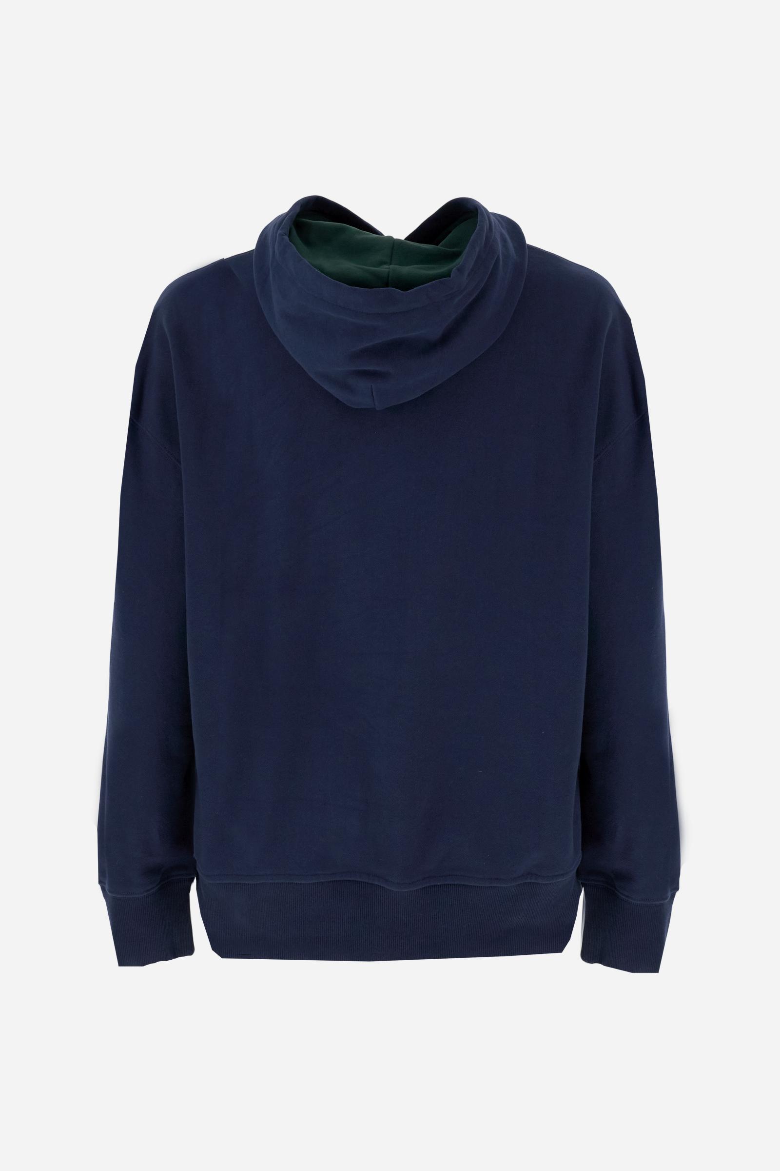 Men's long-sleeved hoodie in solid cotton French terry. Features a large kangaroo pocket, hem and cuffs in tone-on-tone rib. Adjustable hood with contrast lining. Chest and sleeves decorated with modern LM monogram graphics inspired by British polo. Contrasting embroidered logo on the chest. Regular fit for a relaxed and comfortable silhouette. Model wears size L. - Navy