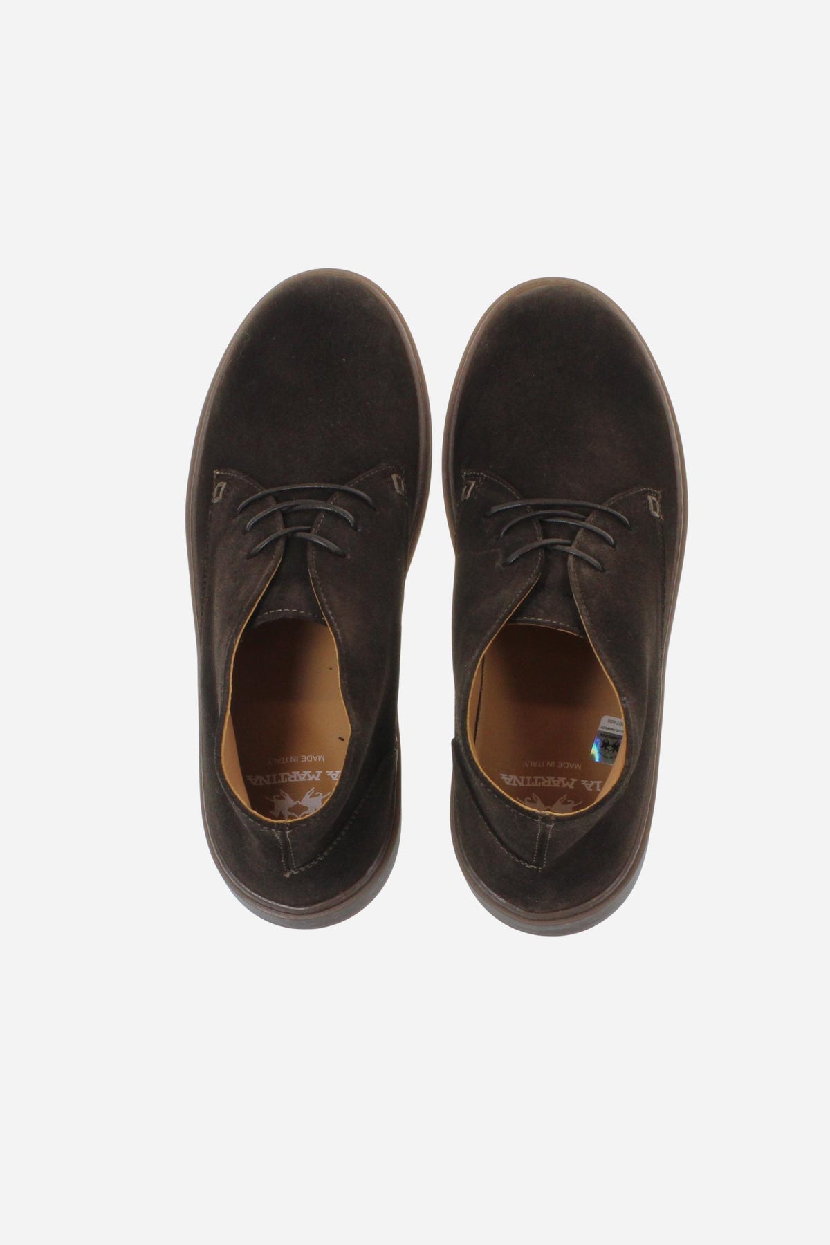 Men’s high-top suede shoes with visible stitching, embossed logo, and brown rubber sole for comfort and style. Crafted in Italy for casual and semi-formal wear. - Dark Brown