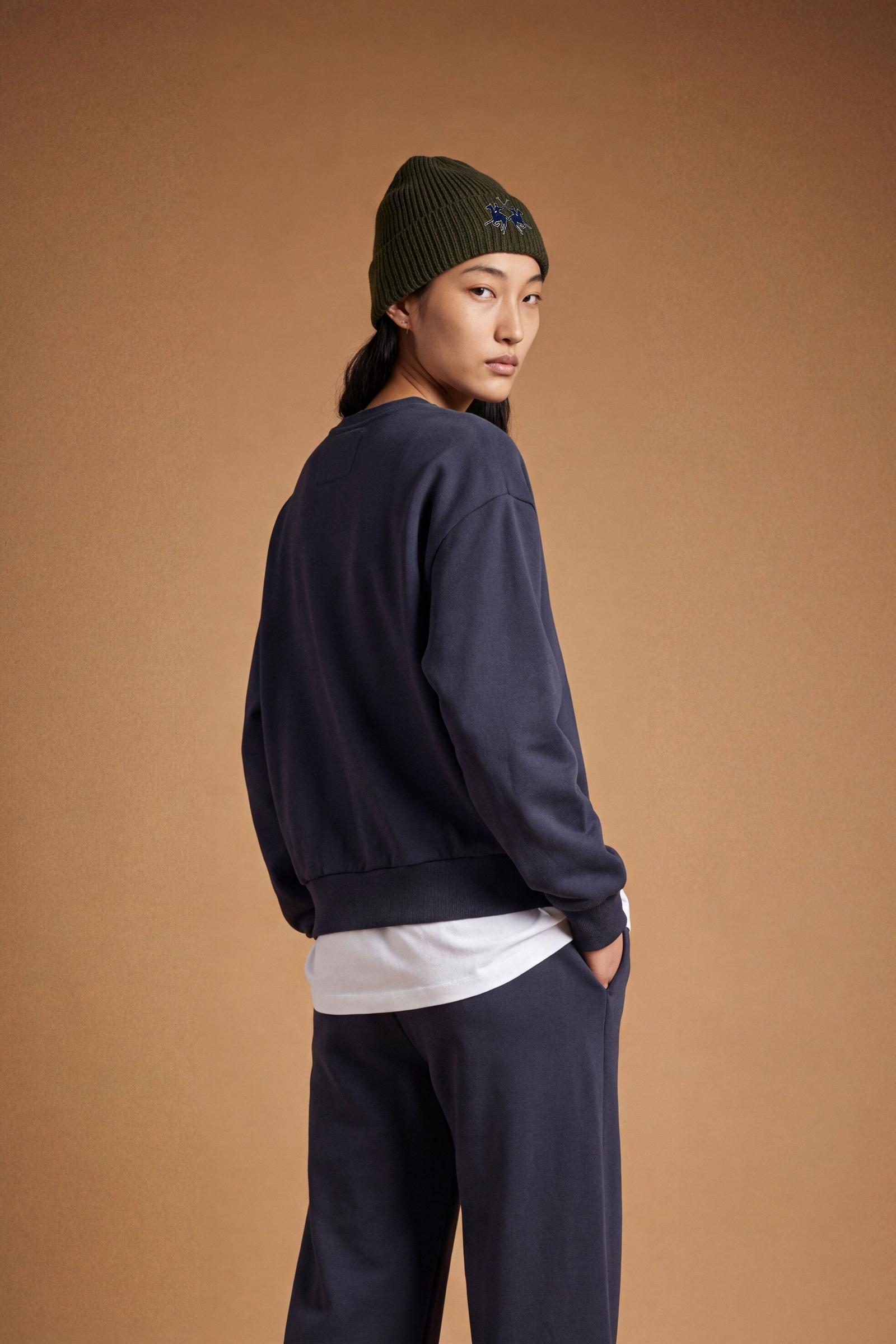 Soft brushed cotton fleece sweatshirt with ribbed crew neck, cuffs, and hem. Comfortable regular fit with contrasting sweatband and subtle embroidered logo. - Navy Blazer
