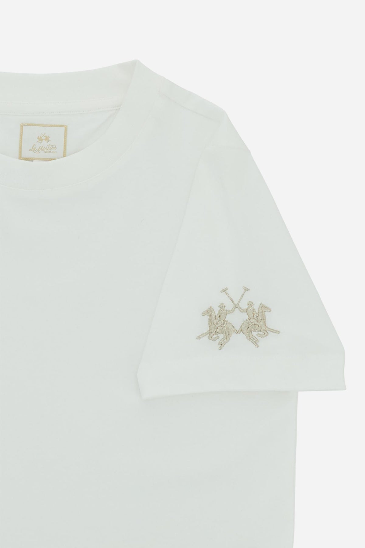 Women’s cotton jersey T-shirt with boxy fit and ribbed collar. Maxi embroidered logo on the sleeve. - Optic White