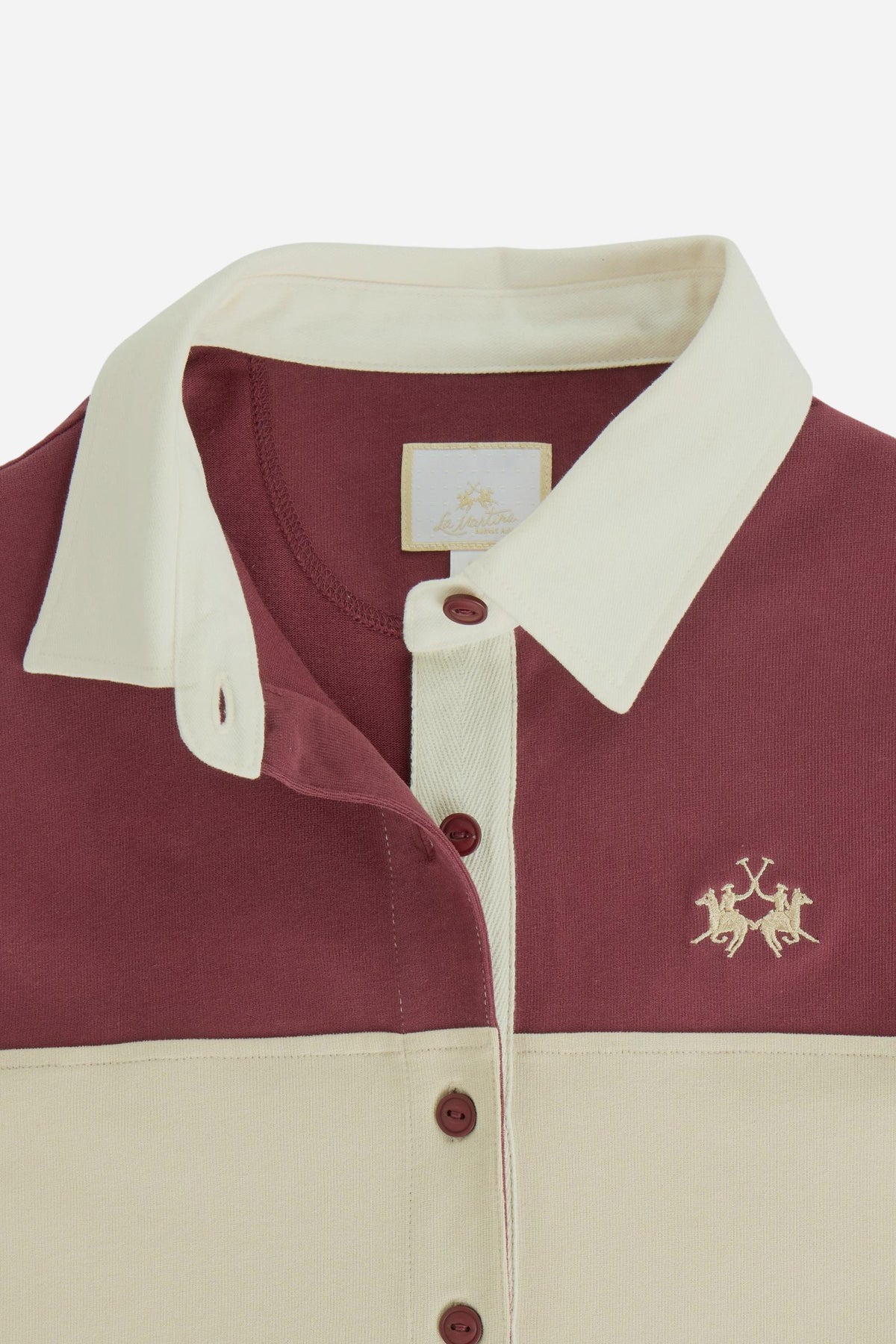 Women's long-sleeve polo in heavy 100% cotton jersey, featuring a contrast gabardine collar, double twill placket, color block stripes, and embroidered logo. - Port Royale/Pristine