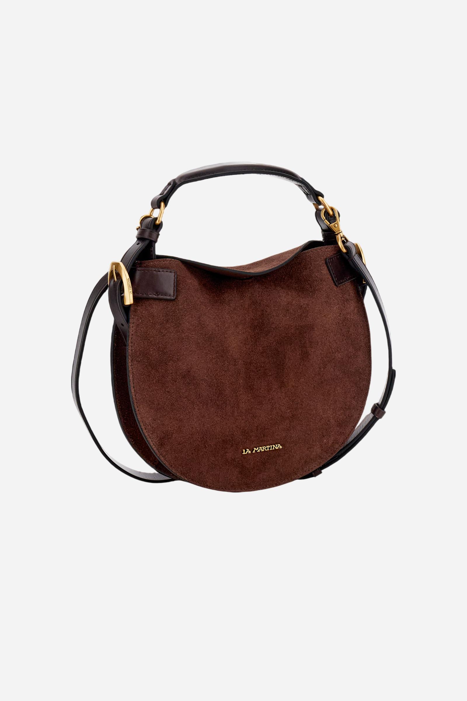 Medium suede crescent bag with contrasting leather handles and strap. Metal La Martina logo on the front. - D.BROWN/D.CHOCOLATE