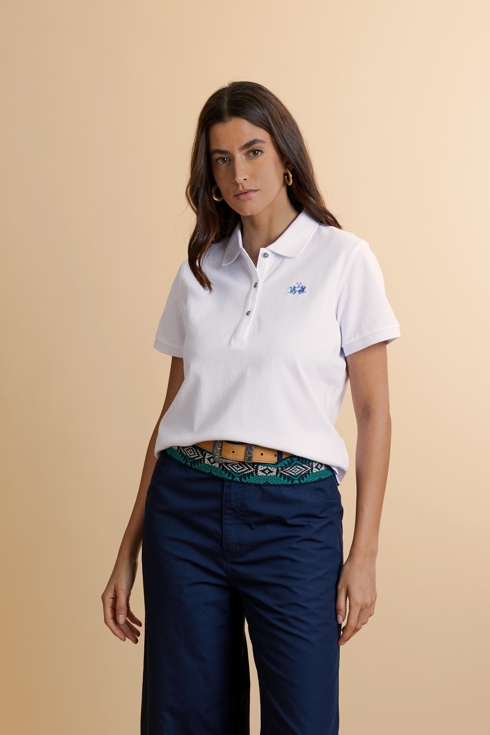 Damen Poloshirt aus Stretch-Piqué mit Schriftzug unter dem Kragen - Clarissa