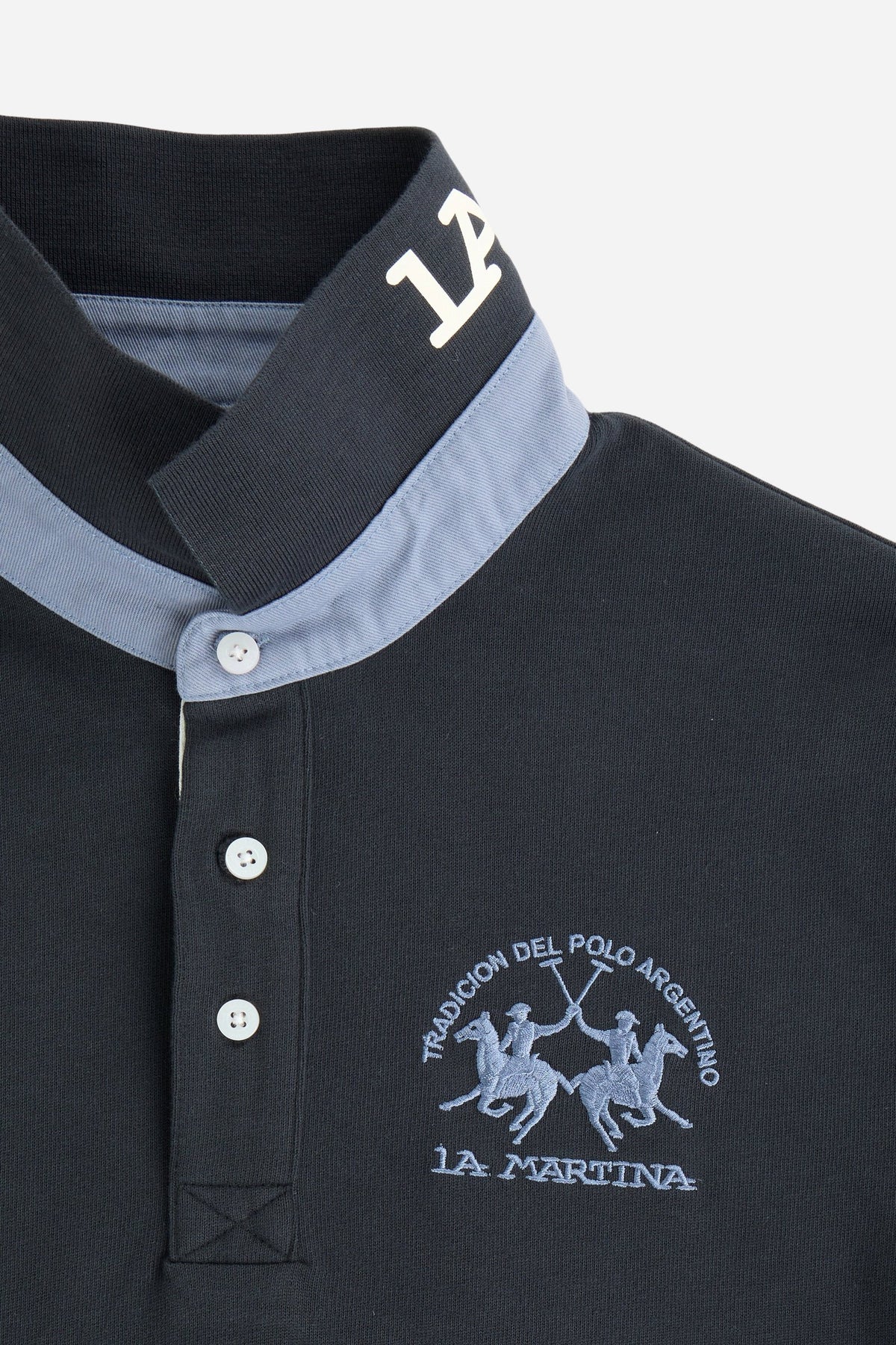 Men's long-sleeve polo in soft cotton jersey with contrasting gabardine collar, ribbed details, multicolor striped placket, and embroidered team logo for comfor - Navy Blazer