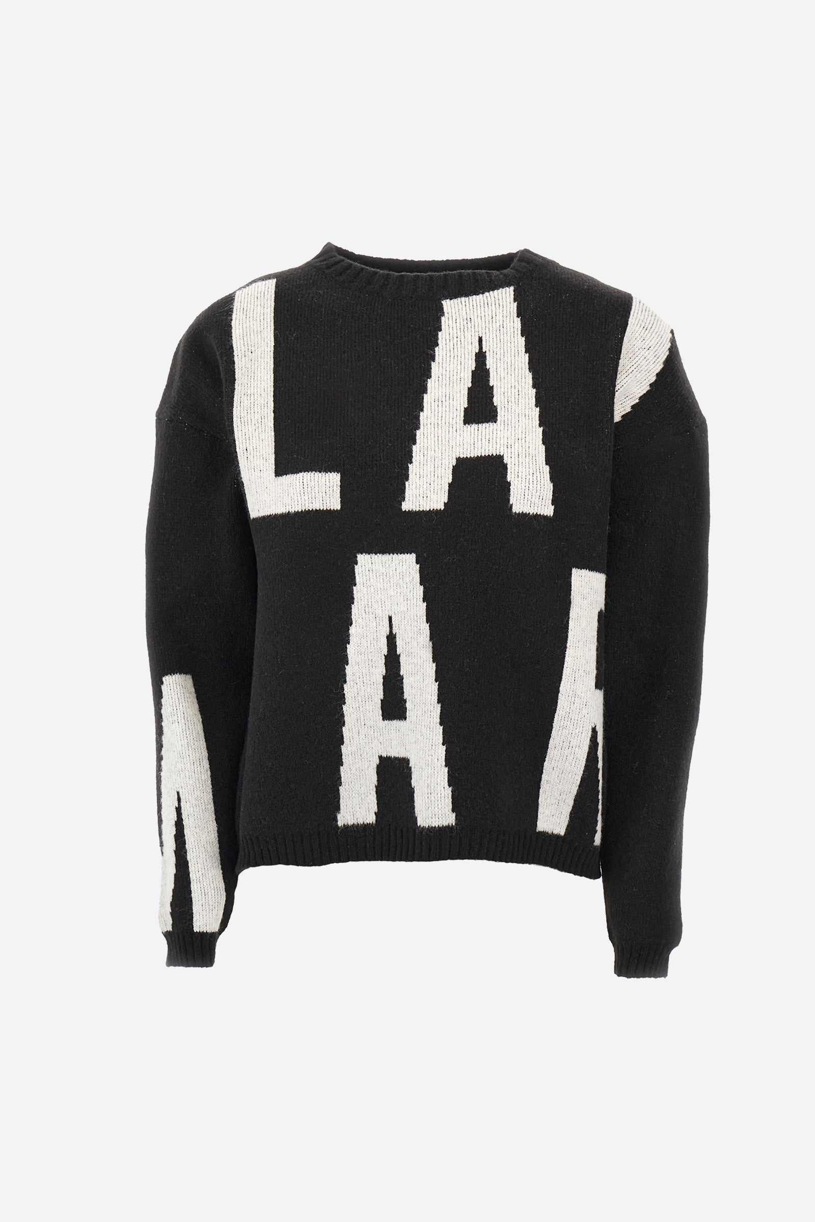 Women's long-sleeved crew-neck top in a wool blend from the Jet Set line featuring a regular fit to ensure a comfortable adherence to the body. The garment features La Martina print with large lettering that gives the design a distinctive touch. The choice of wool blend fabric makes the garment soft to the touch and comfortable to wear. An essential garment for a casual and trendy look, ideal for women who love comfort without sacrificing style. The model is 174 cm tall and wears a size 2. - Black/OffWhite