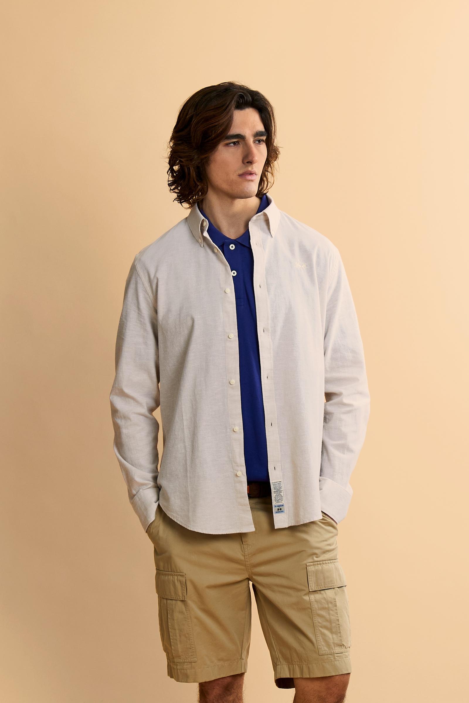 Men’s regular fit cotton and linen shirt with small logo - Rodolfo