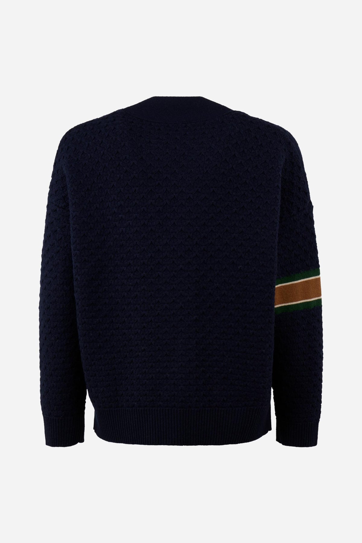 Men's long-sleeve cardigan in 50% lambswool blend with 3D knit, large buttons, patch pockets, bold "3" applique, brand embroidery, and relaxed oversized fit. - Navy
