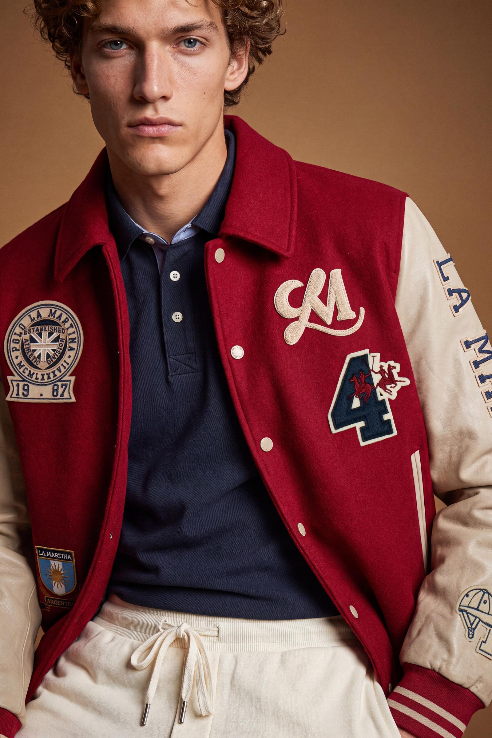 Men's long-sleeve varsity jacket with wool felt body, contrasting faux leather sleeves, ribbed trims, padded lining, chenille patches, and embroidered logo for classic style. - Red Dahlia/Sheer Bli