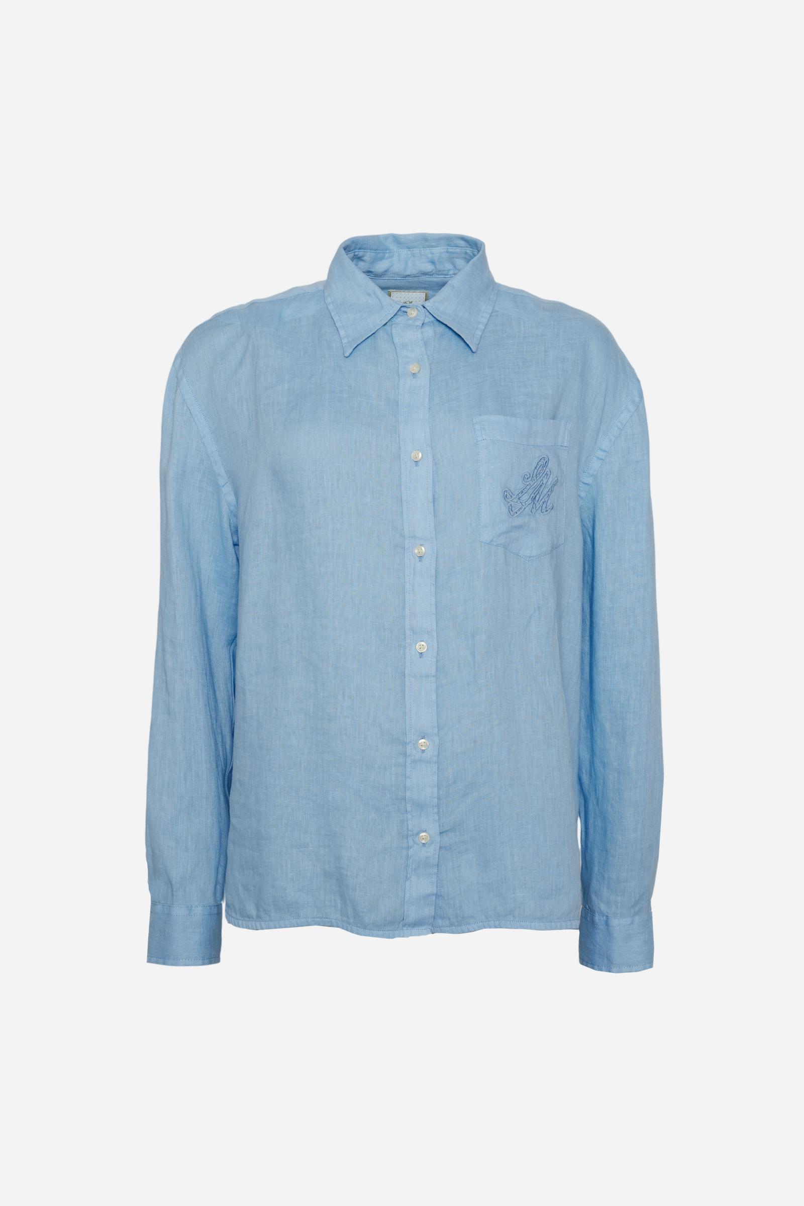 Camicia donna in lino tinto capo con tasca ricamata - Celeste