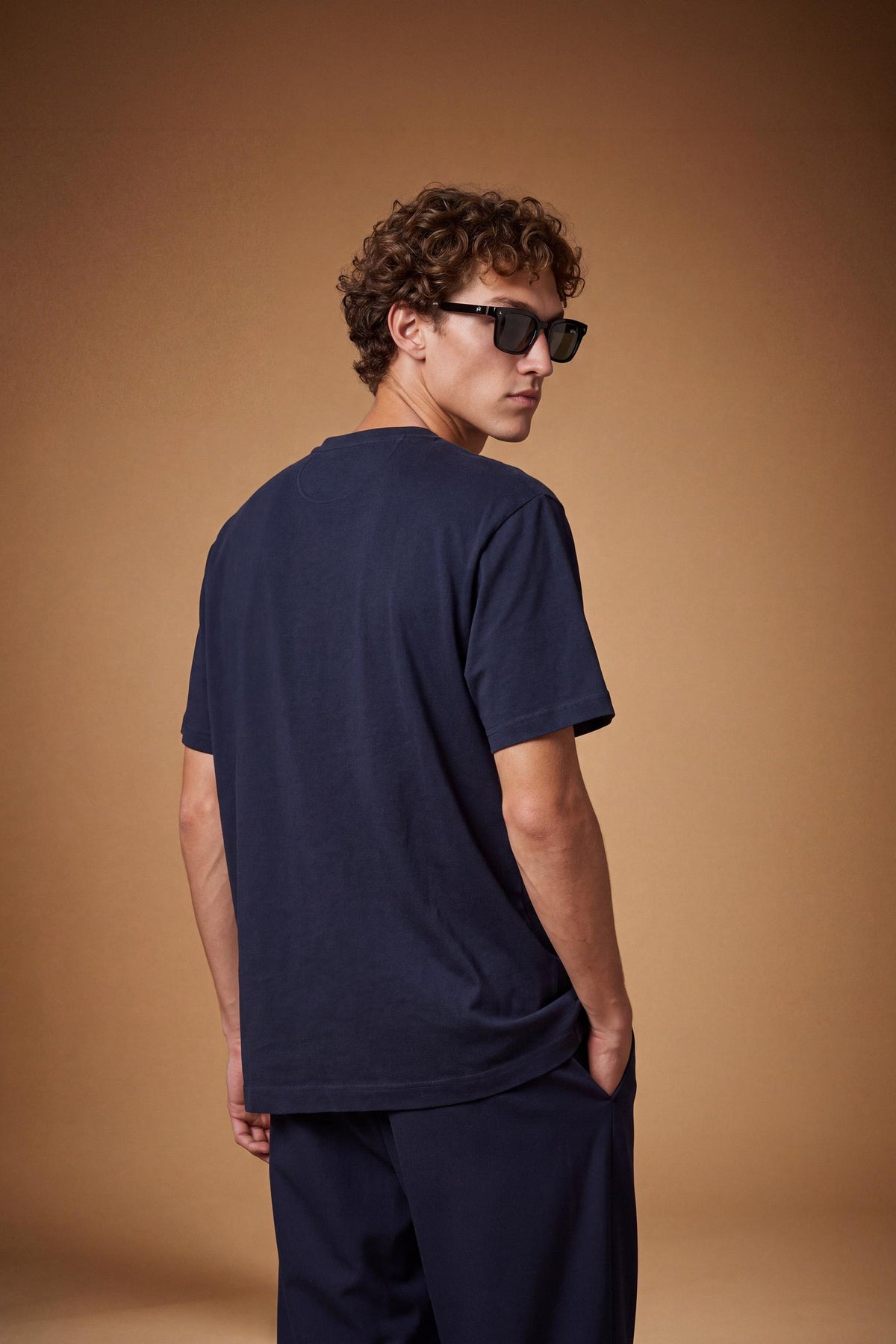 Men's short-sleeve T-shirt in 100% cotton with a ribbed crew neck, contrasting printed and embroidered chest design, and a comfortable, classic regular fit. - Navy Blazer