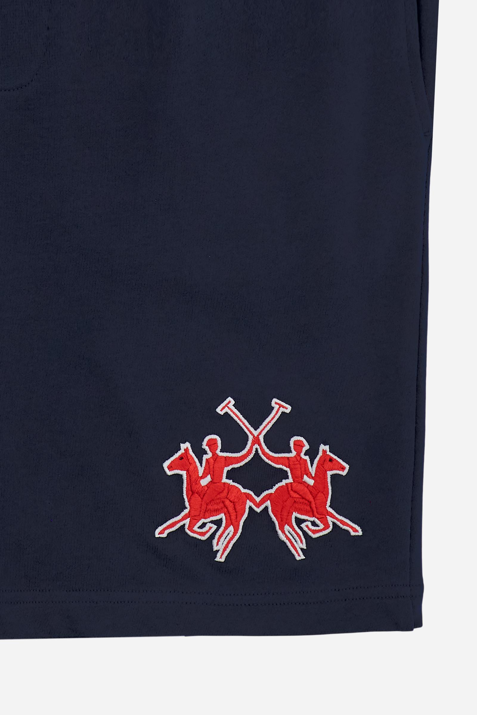 Men's bermuda shorts in soft 100% cotton fleece with a relaxed cut, elastic waistband, adjustable drawstring, and 3D embroidered maxi logo for comfort and style - Navy
