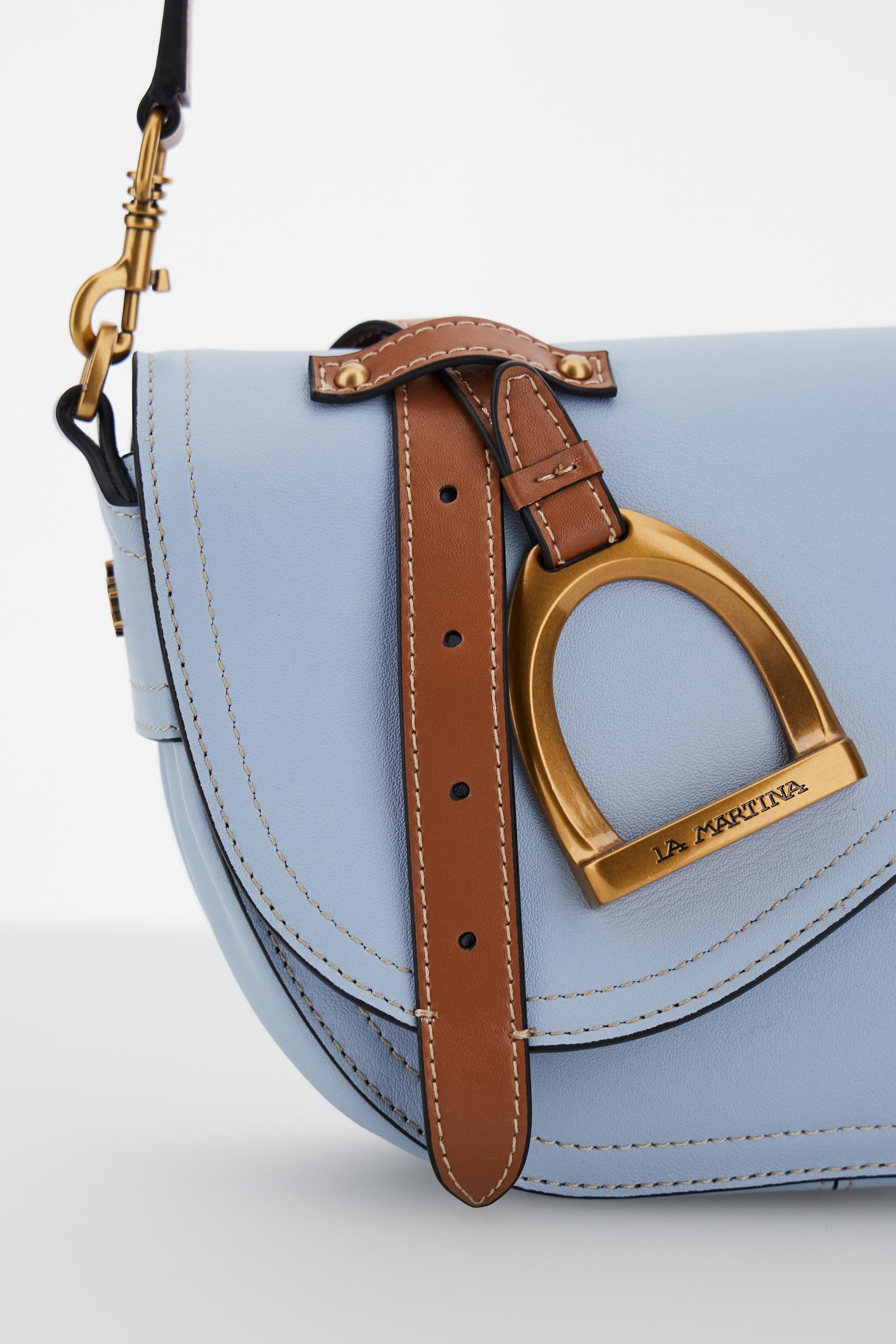Small half-moon bag in full-grain leather with leather trim, saddle flap and gold maxi stirrup buckle with engraved logo. - Sea Breeze/Cuoio                                                                                                                                                                                                                                                                                                                                                                                    