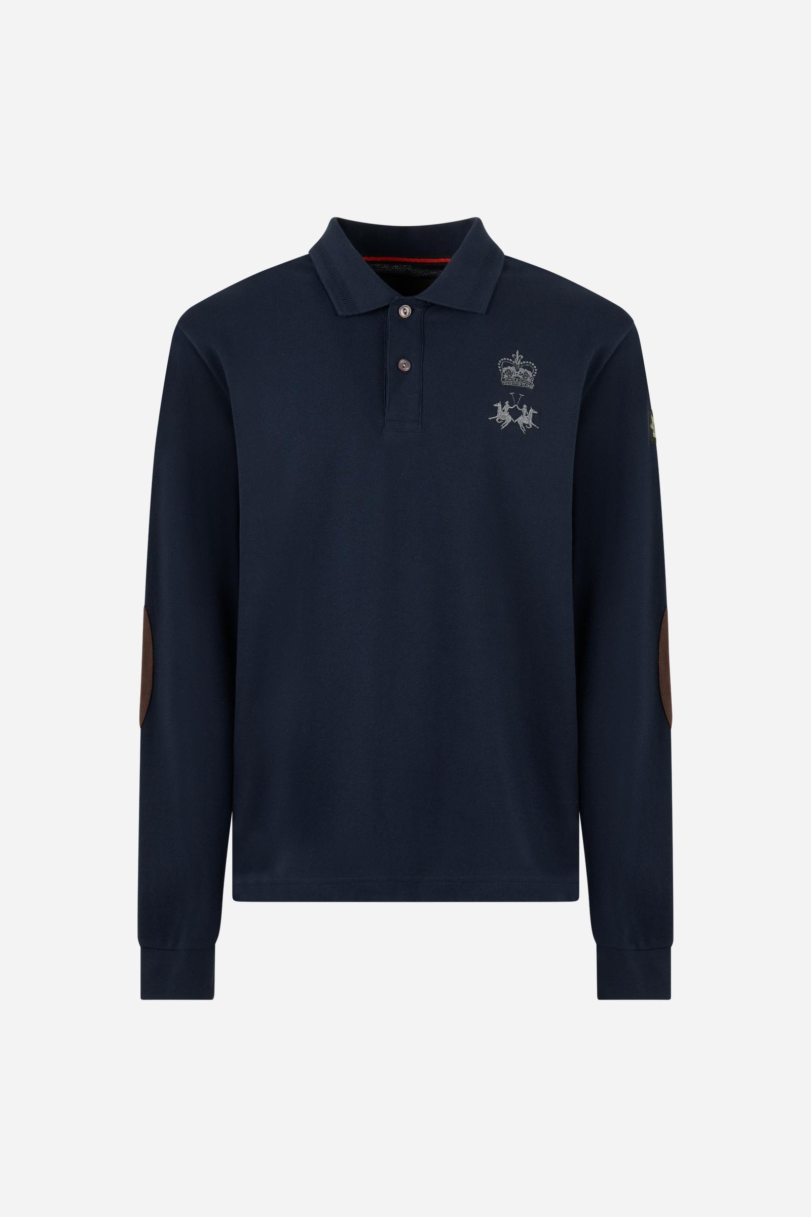Men's long-sleeve cotton piqué polo with ribbed collar and cuffs, reinforced elbow patches, embroidered details, and a comfortable regular fit for lasting style. - Navy Blazer