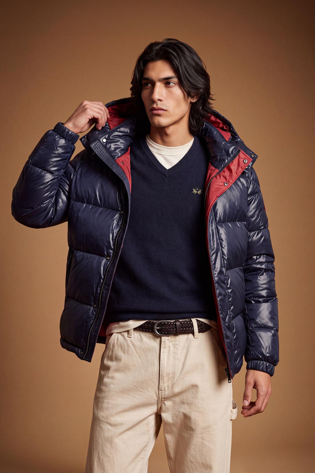 Men's padded feather bomber jacket with detachable hood, iridescent nylon, double zipper, snap buttons, adjustable drawstring, zippered pockets, and embroidered logo. - Navy Blazer