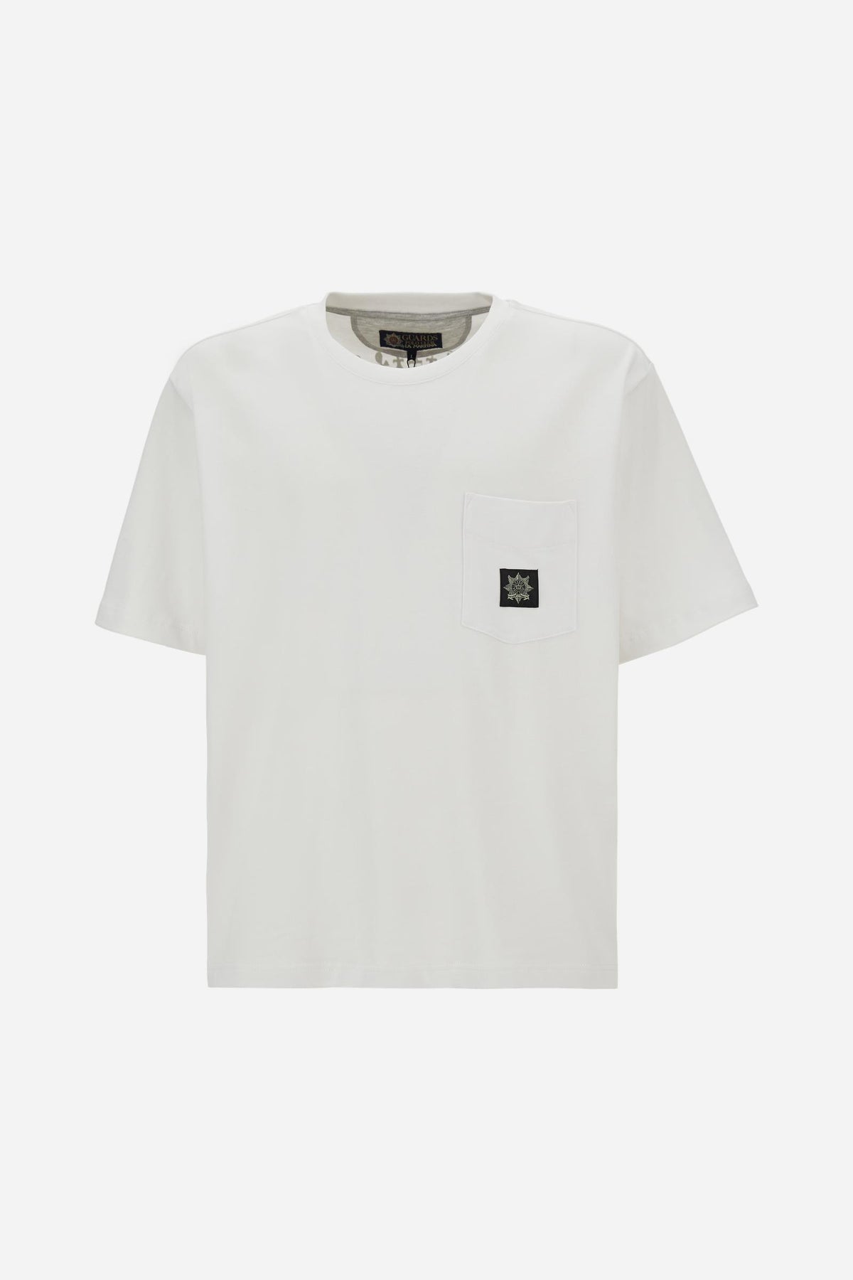 Men’s short-sleeve cotton jersey T-shirt. Crew-neck style with loose fit, chest pocket with personalised label and large multicolour Guards print on the back. - Optic White