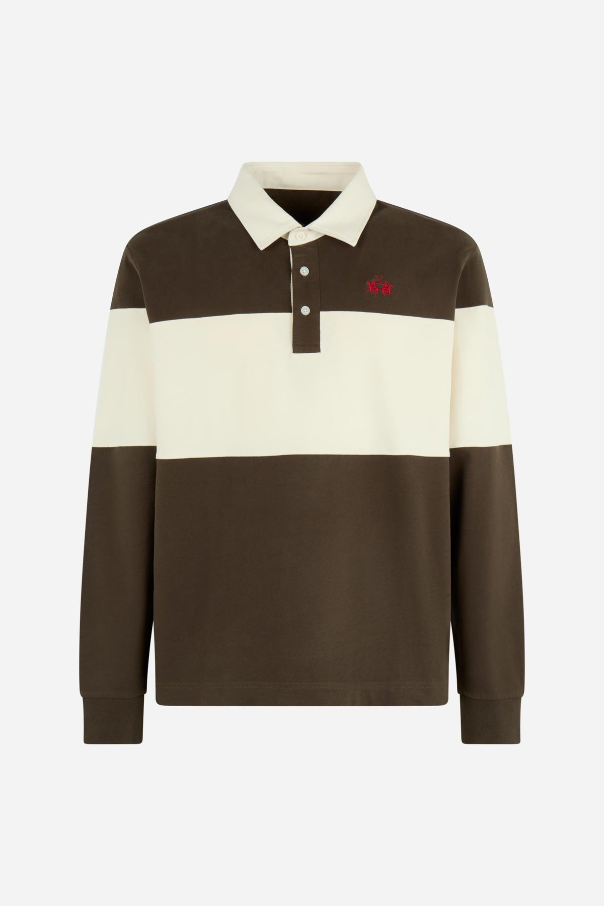 Men's long-sleeve polo in heavy 100% cotton jersey with two-tone collegiate color block, rugby construction, contrasting collar, and embroidered logo for comfor - HotFudge/Pristine