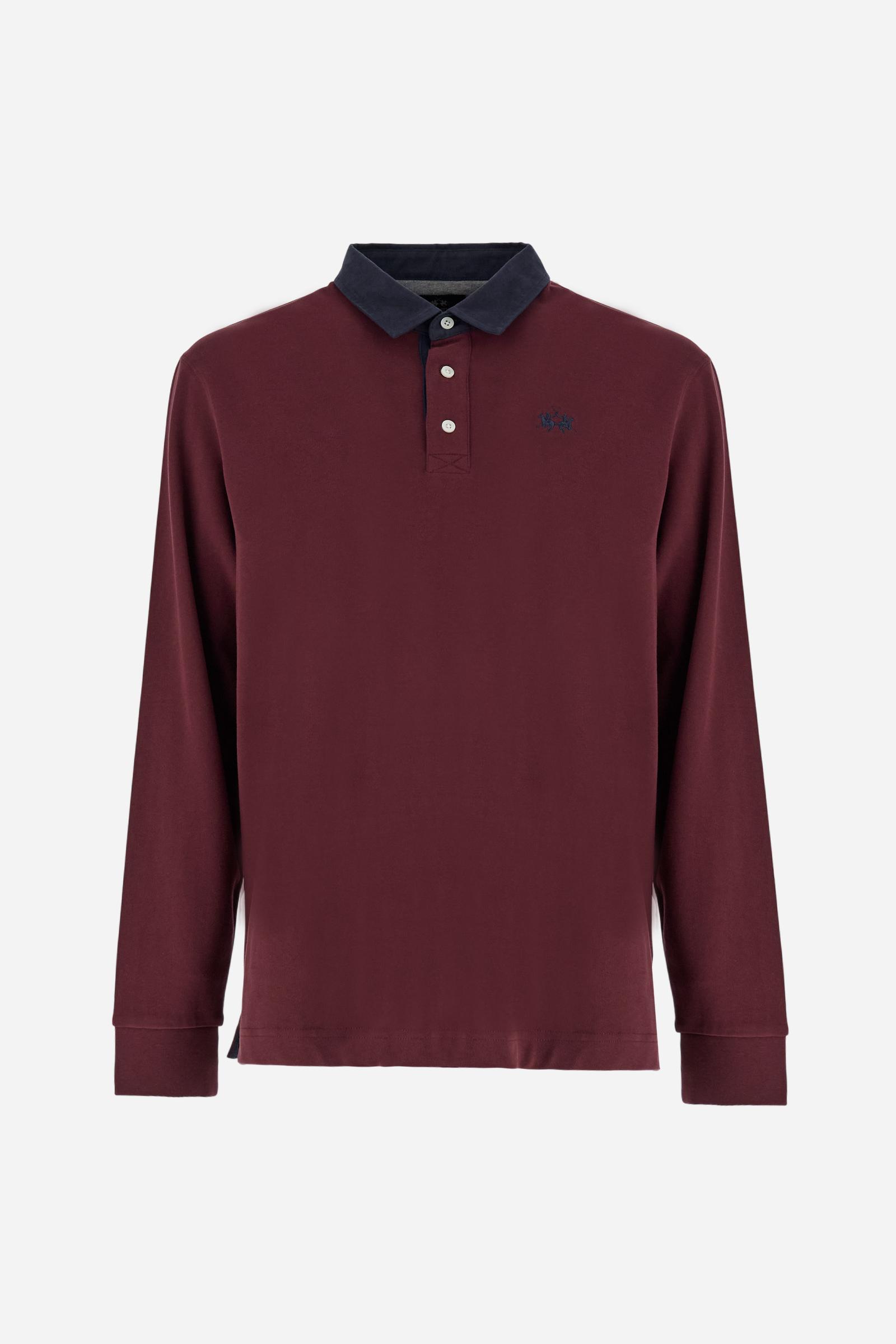 Classic men’s long-sleeve polo in soft-touch 100% cotton jersey. Contrast gabardine collar, three-button placket with multicolor striped tape. Iconic La Martina lettering printed in contrast under the collar. Small contrast logo embroidered on the chest. Regular fit for a balanced silhouette. Model wears size L. - Port Royale