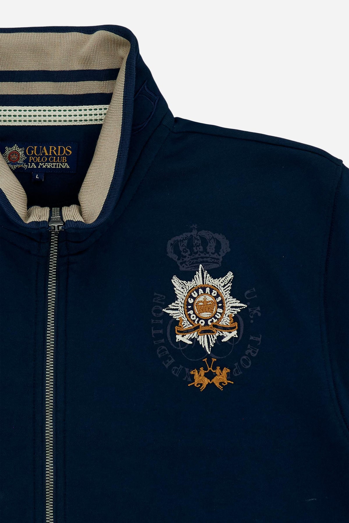 Men’s French Terry sweatshirt with front zip, striped rib details and maxi Guards logo on the chest. - Navy