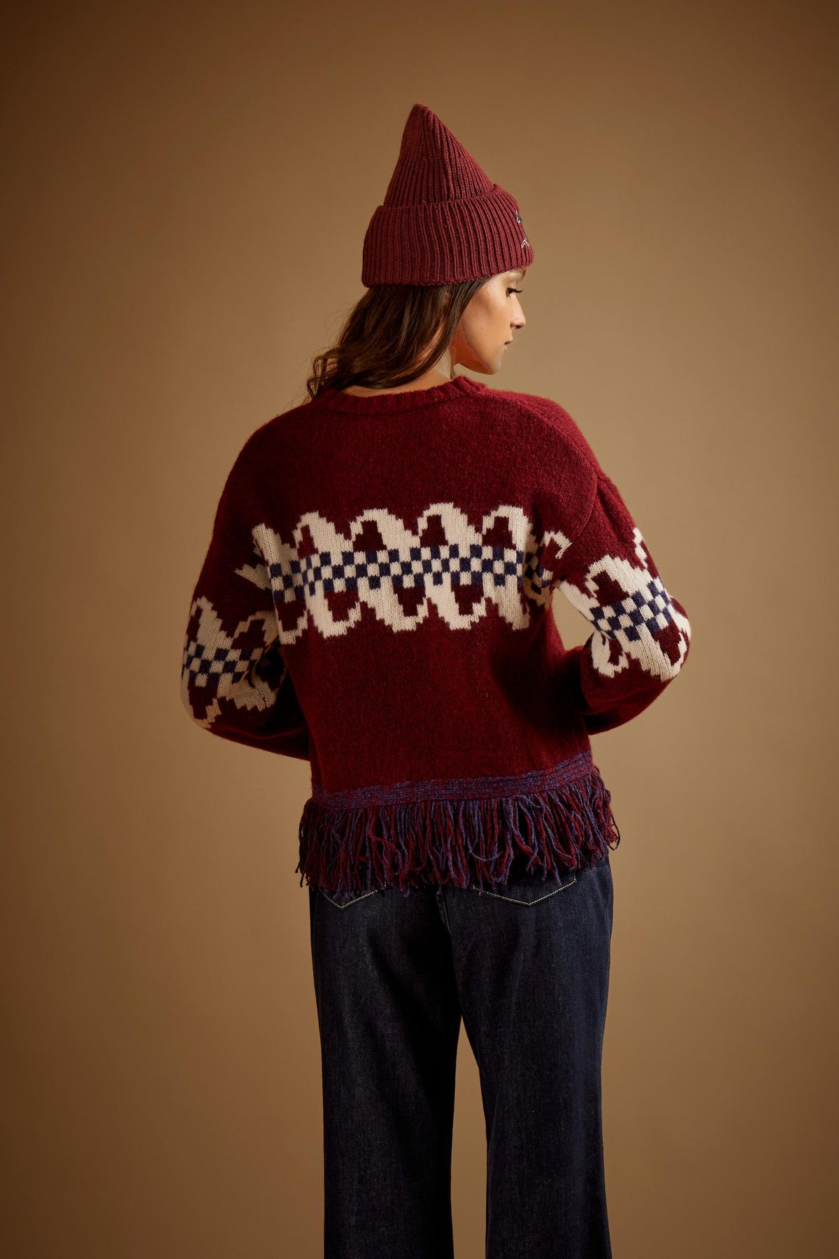 Damen Rundhalsausschnitt Pullover mit Jacquard-Muster und Fransen - Edvige
