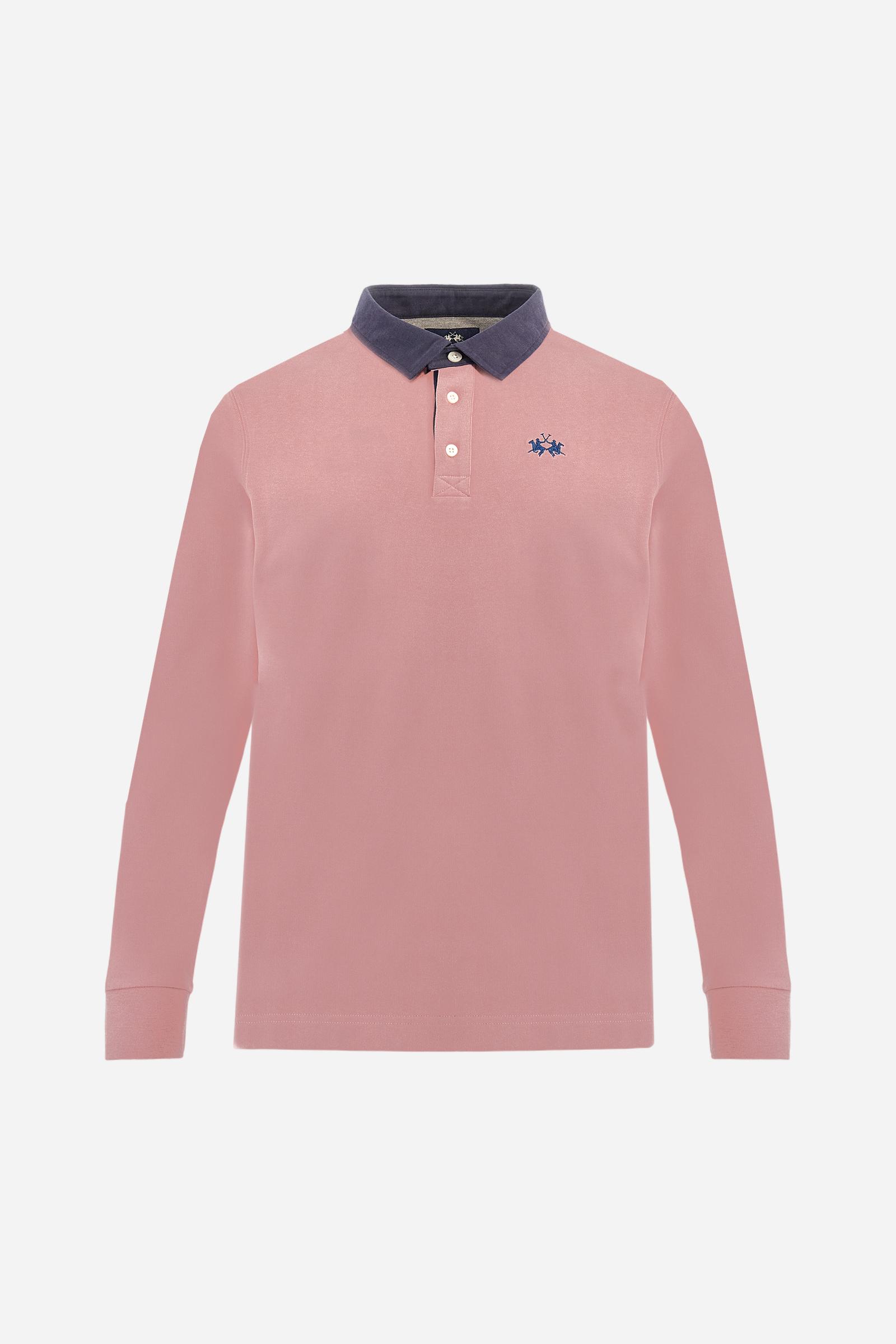 Classic men’s long-sleeve polo in soft-touch 100% cotton jersey. Contrast gabardine collar, three-button placket with multicolor striped tape. Iconic La Martina lettering printed in contrast under the collar. Small contrast logo embroidered on the chest. Regular fit for a balanced silhouette. Model wears size L. - Rose Tan
