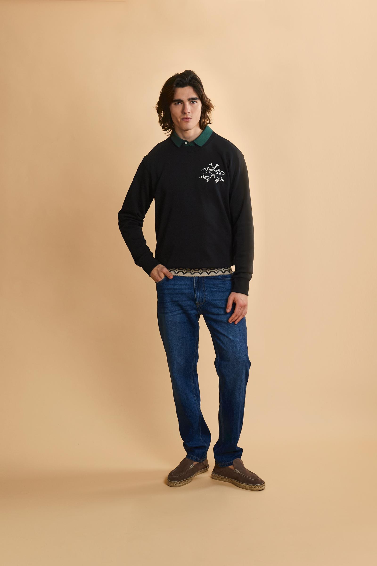Men's crew-neck sweatshirt in 100% cotton diagonal fleece. Features a ribbed collar, cuffs, and hem, with a modern cut and exclusive maxi 3D embroidered logo. - Black
