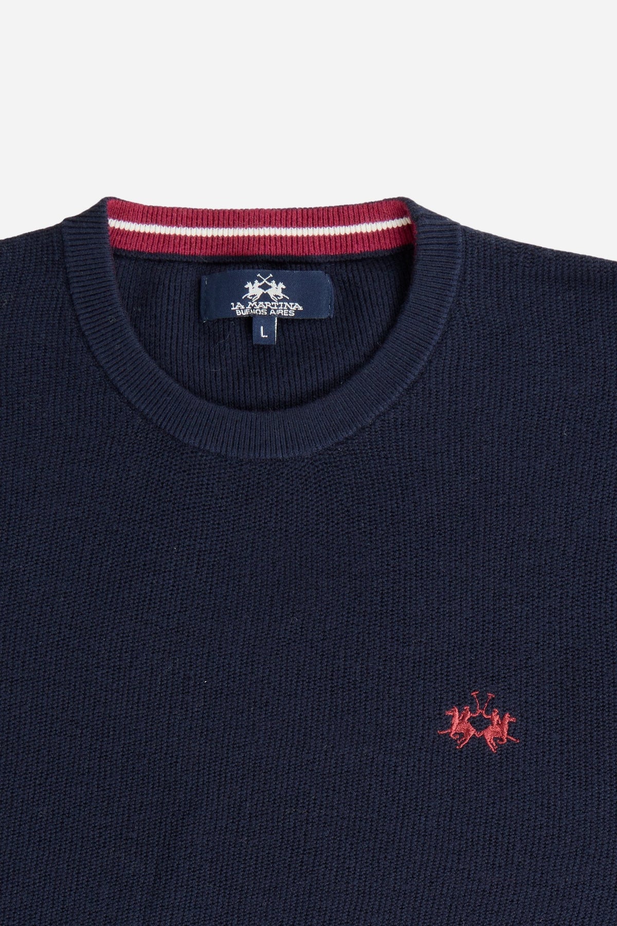 Men’s long-sleeve sweater in a soft cotton-wool blend with fine knit, ribbed crew neck, cuffs, hem, and subtle embroidered logo for a clean, comfortable fit. - Navy