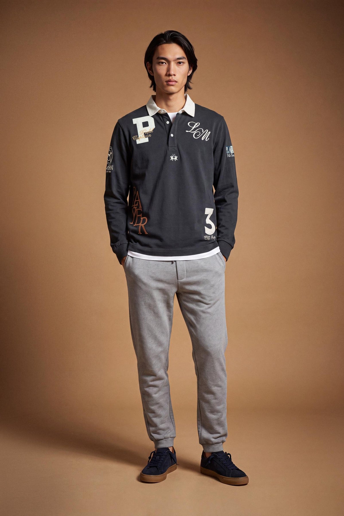 Men's long-sleeve polo in heavy 100% cotton jersey with contrasting collar, ribbed cuffs, embroidered details, and a relaxed contemporary fit for modern comfort. - Navy Blazer