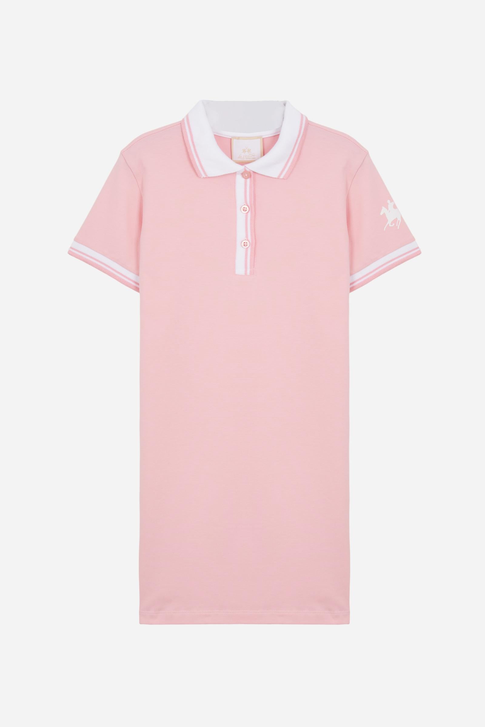 Short-sleeved polo dress for girls made from pure cotton piqué in a solid colour. The style features a comfortable fit, fluid silhouette and above-the-knee length. The two-tone ribbed collar, buttoned front opening and striped trims add a sporty and refined touch. The logo on the sleeve and the lettering under the collar complete the design. - FairTale
