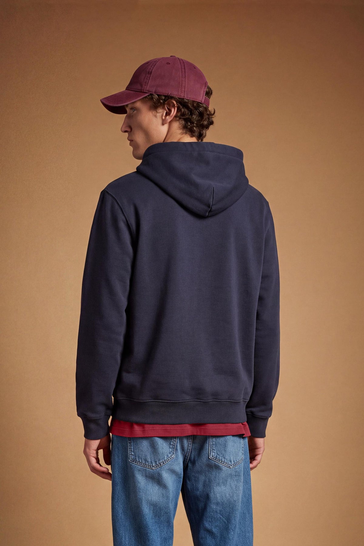 Men’s long-sleeve sweatshirt in soft 100% brushed cotton, featuring a personalized zipper, adjustable hood, kangaroo pockets, ribbed cuffs, and bold embroidery. - Navy Blazer