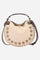 Medium-sized half-moon bag made of suede in a solid colour with side leather inserts and the brand’s signature metallic logo. Hidden magnetic closure, structured handle and contrasting leather shoulder strap. Front decorated with metallic studs of different sizes creating a refined play of light and volume. - SILK/DARK CHOCOLATE