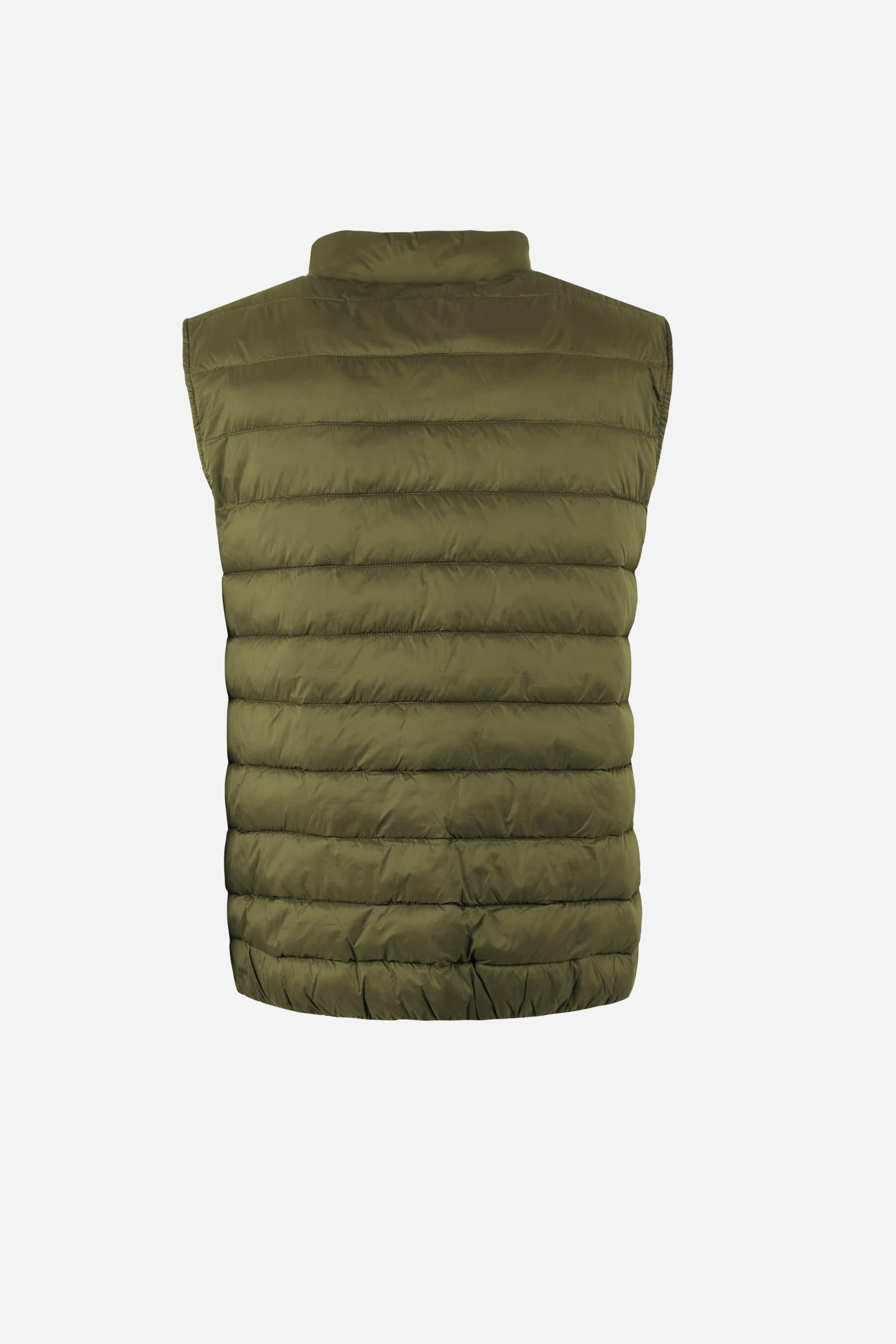 Men's sleeveless down jacket in lightweight nylon with wadding padding for warmth, zippered pockets, high collar, and contrasting interior and logo details. - Burnt Olive